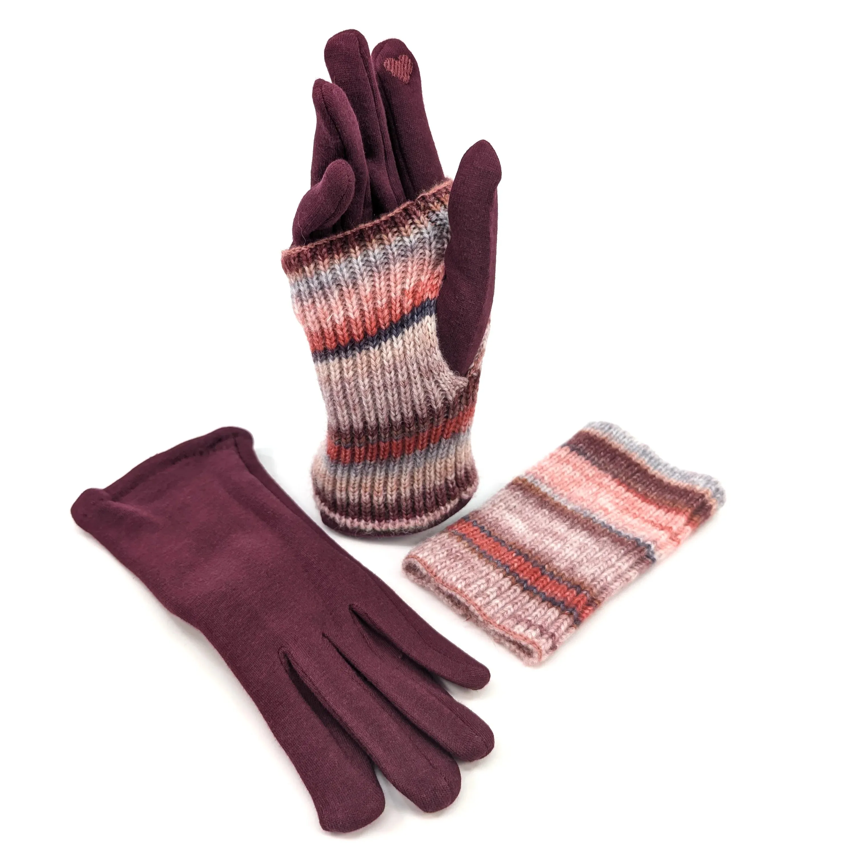 Black Ginger Sangria Red Multi Striped Two in One Gloves - 800-611