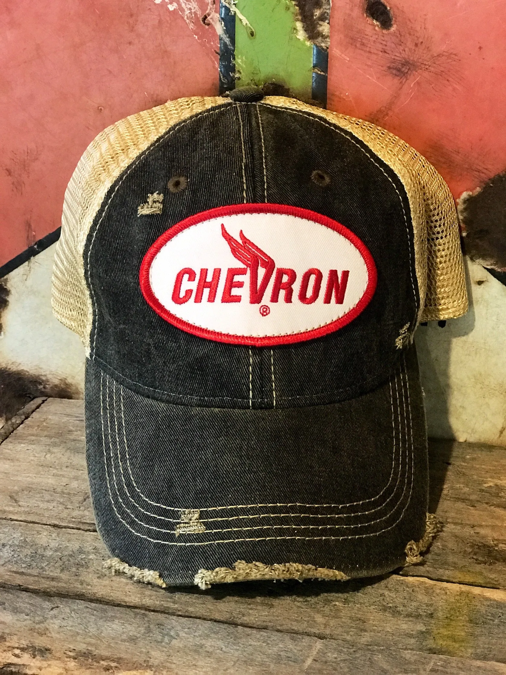 Chevron Gas/Oil Winged Oval Logo Hat- Distressed Black Snapback