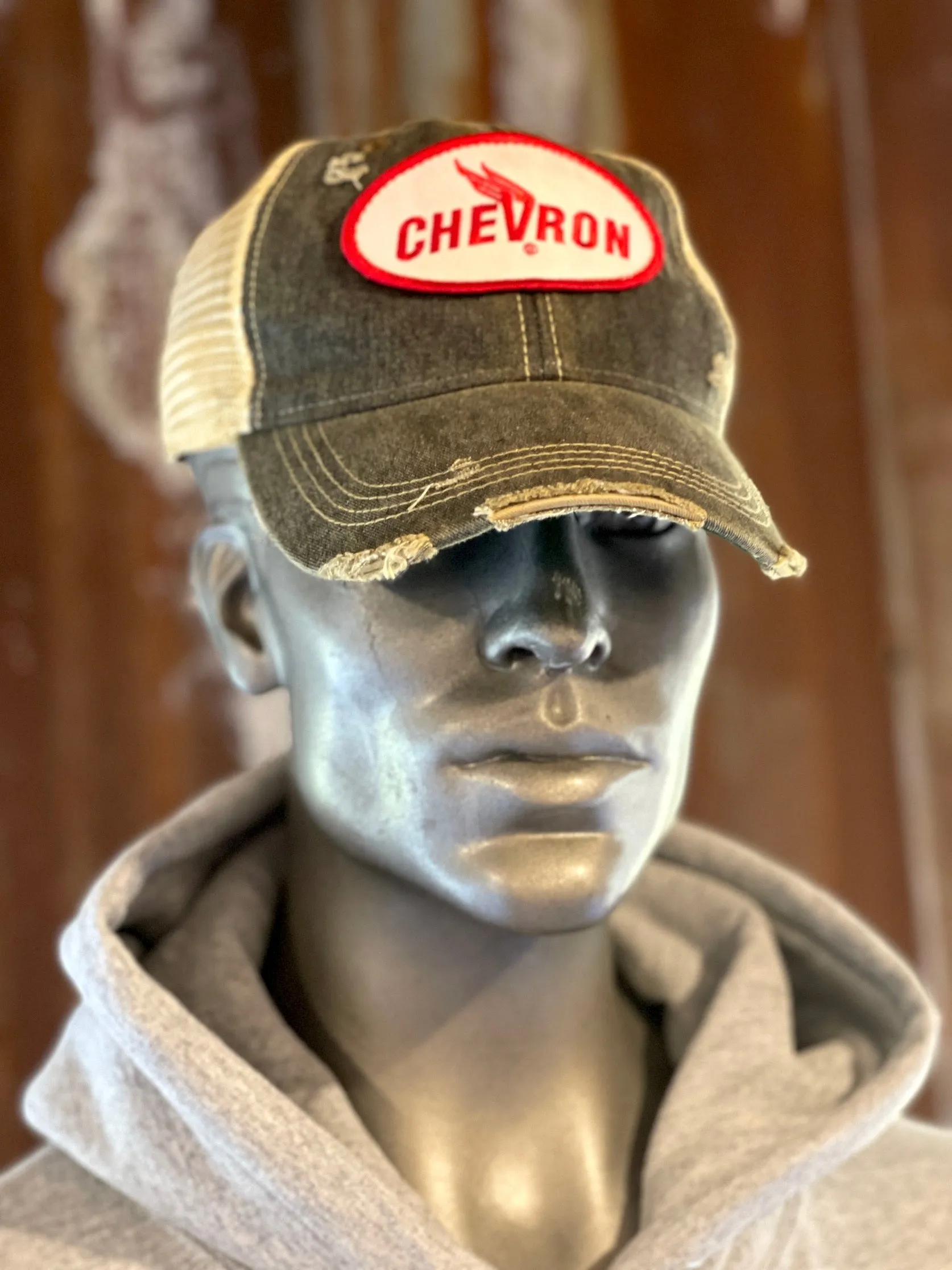 Chevron Gas/Oil Winged Oval Logo Hat- Distressed Black Snapback