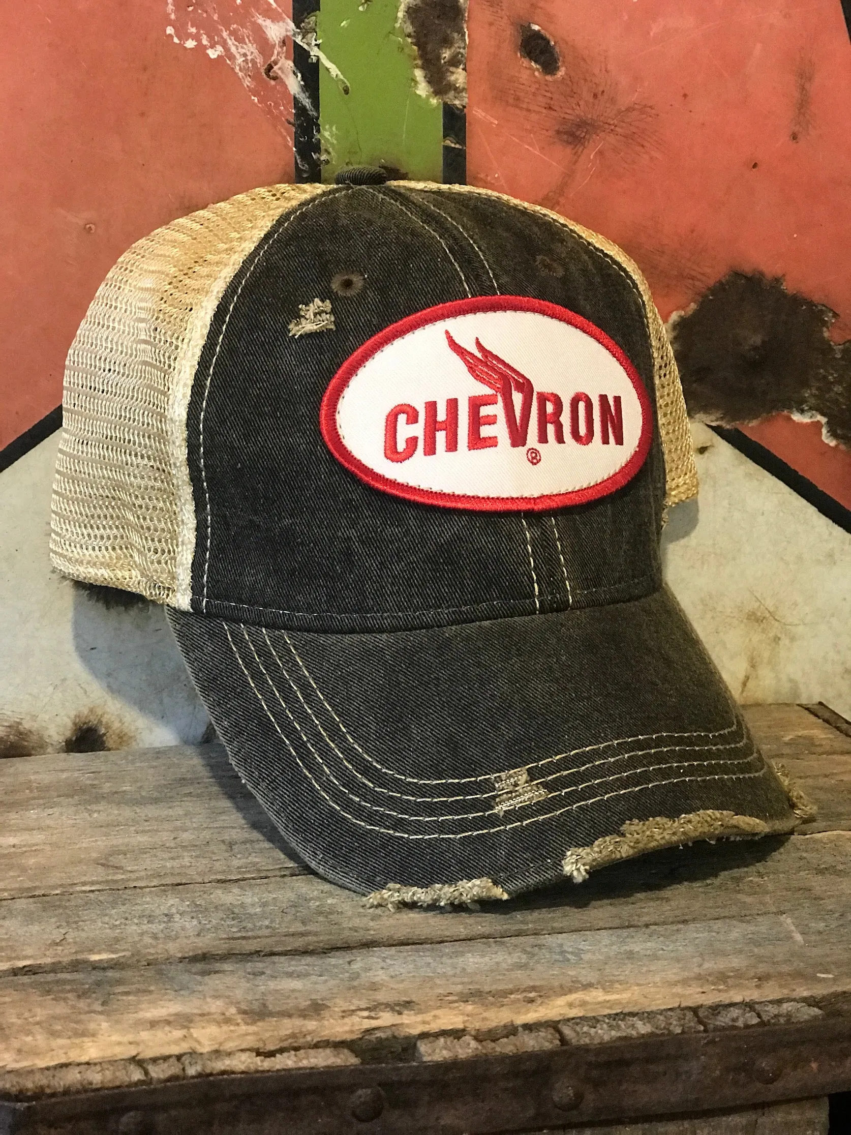 Chevron Gas/Oil Winged Oval Logo Hat- Distressed Black Snapback