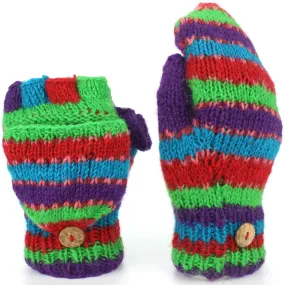 Chunky Wool Knit Fingerless Shooter Gloves - Stripe - Multi Red & Green