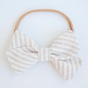 Classic Hair Bow Clip Or Headband / Natural Linen Stripe