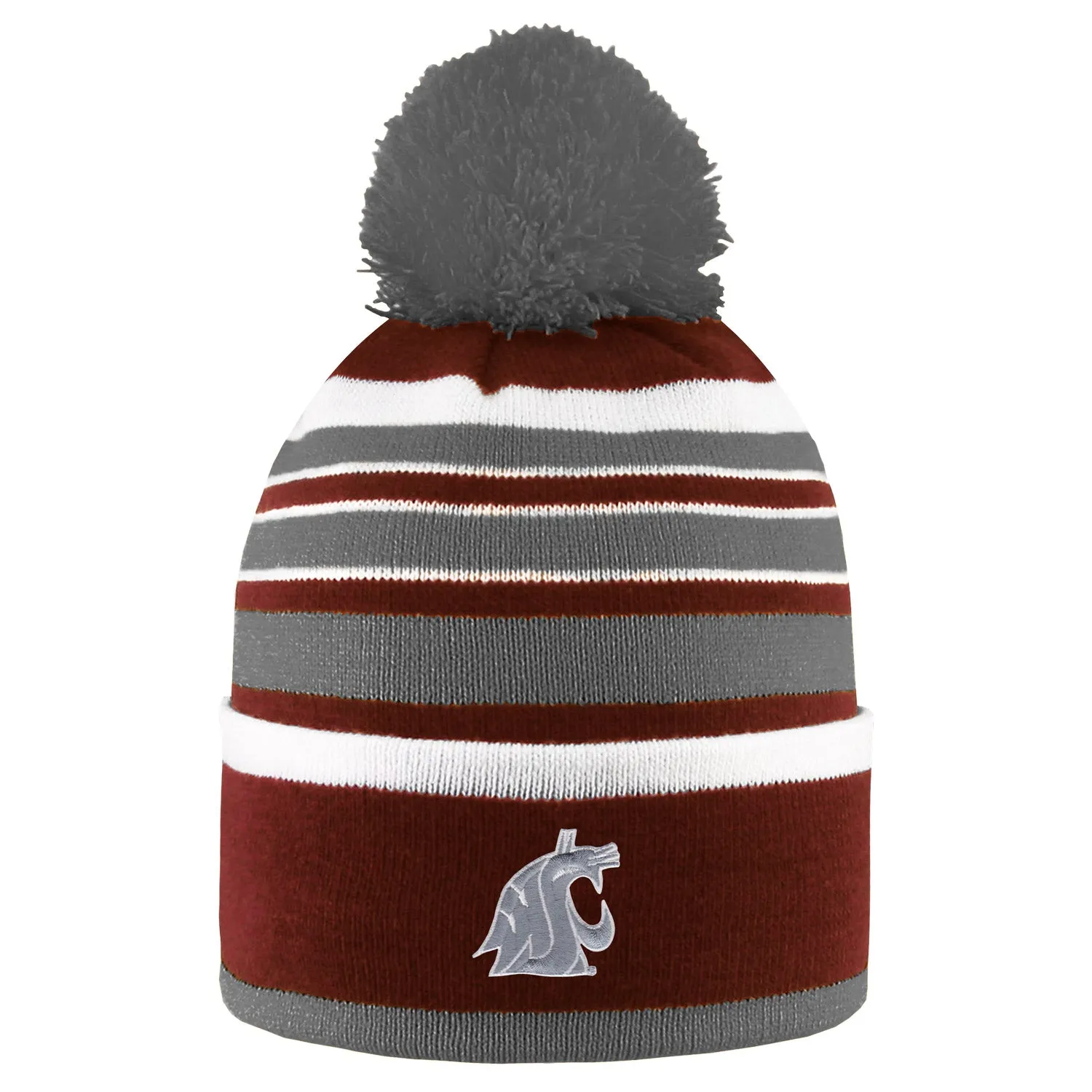 Crimson and Gray Fold Over Striped Pom Beanie