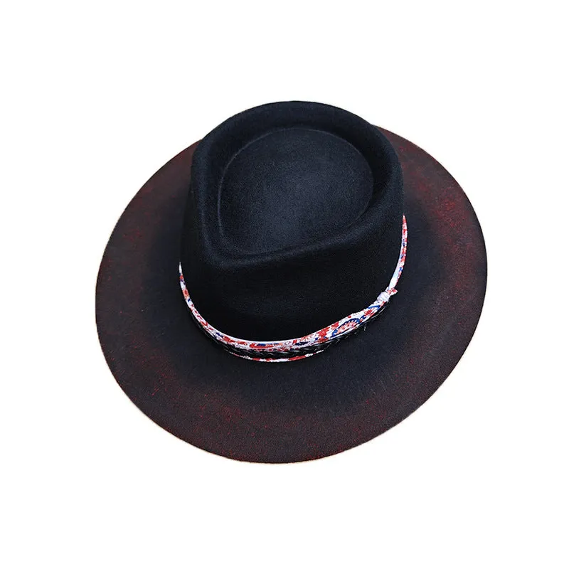 Distressed Fedora with Red and White Patterned Band