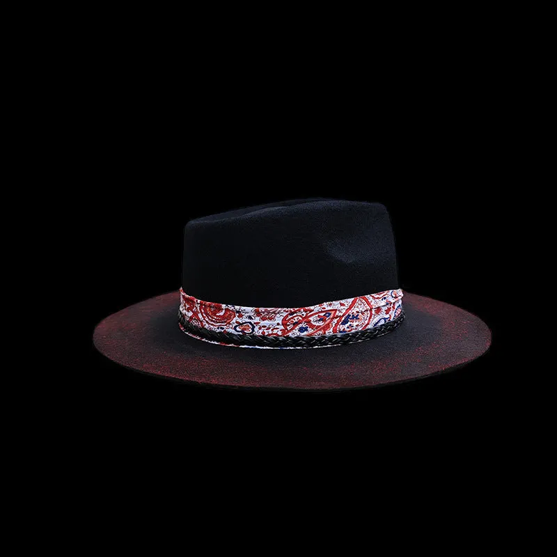 Distressed Fedora with Red and White Patterned Band