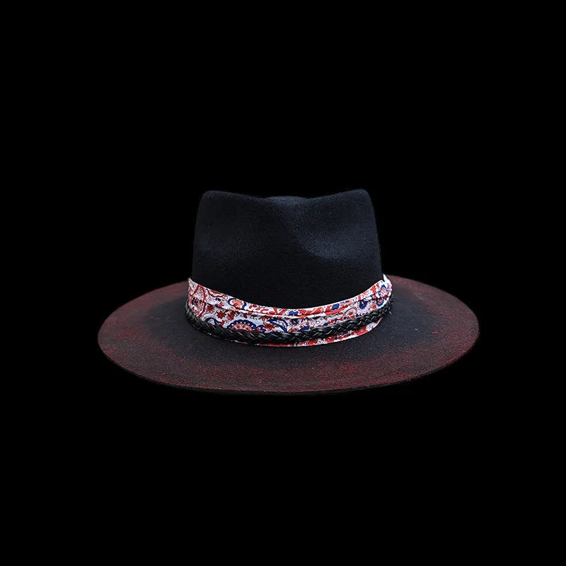 Distressed Fedora with Red and White Patterned Band