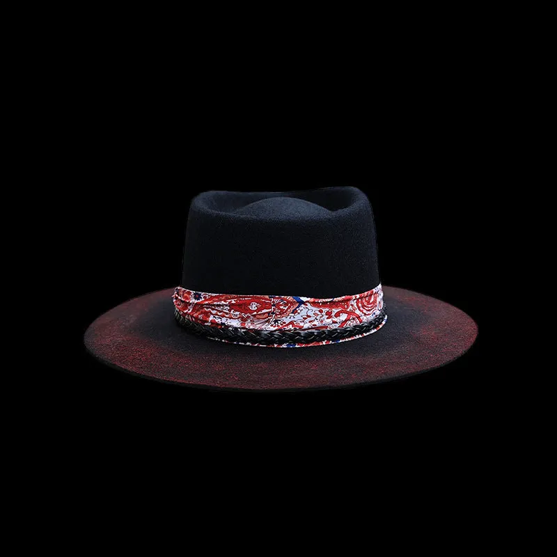 Distressed Fedora with Red and White Patterned Band