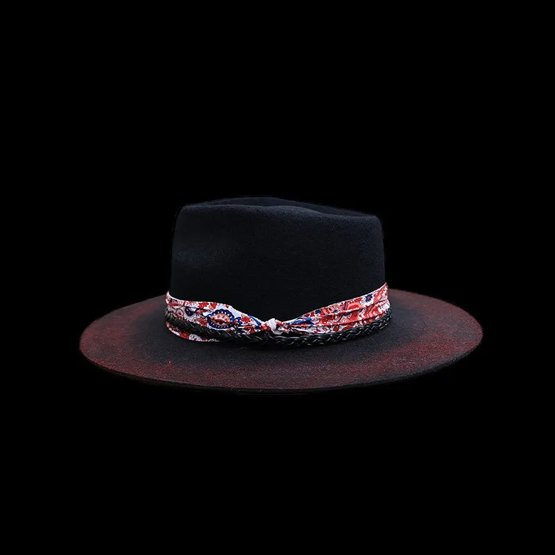 Distressed Fedora with Red and White Patterned Band