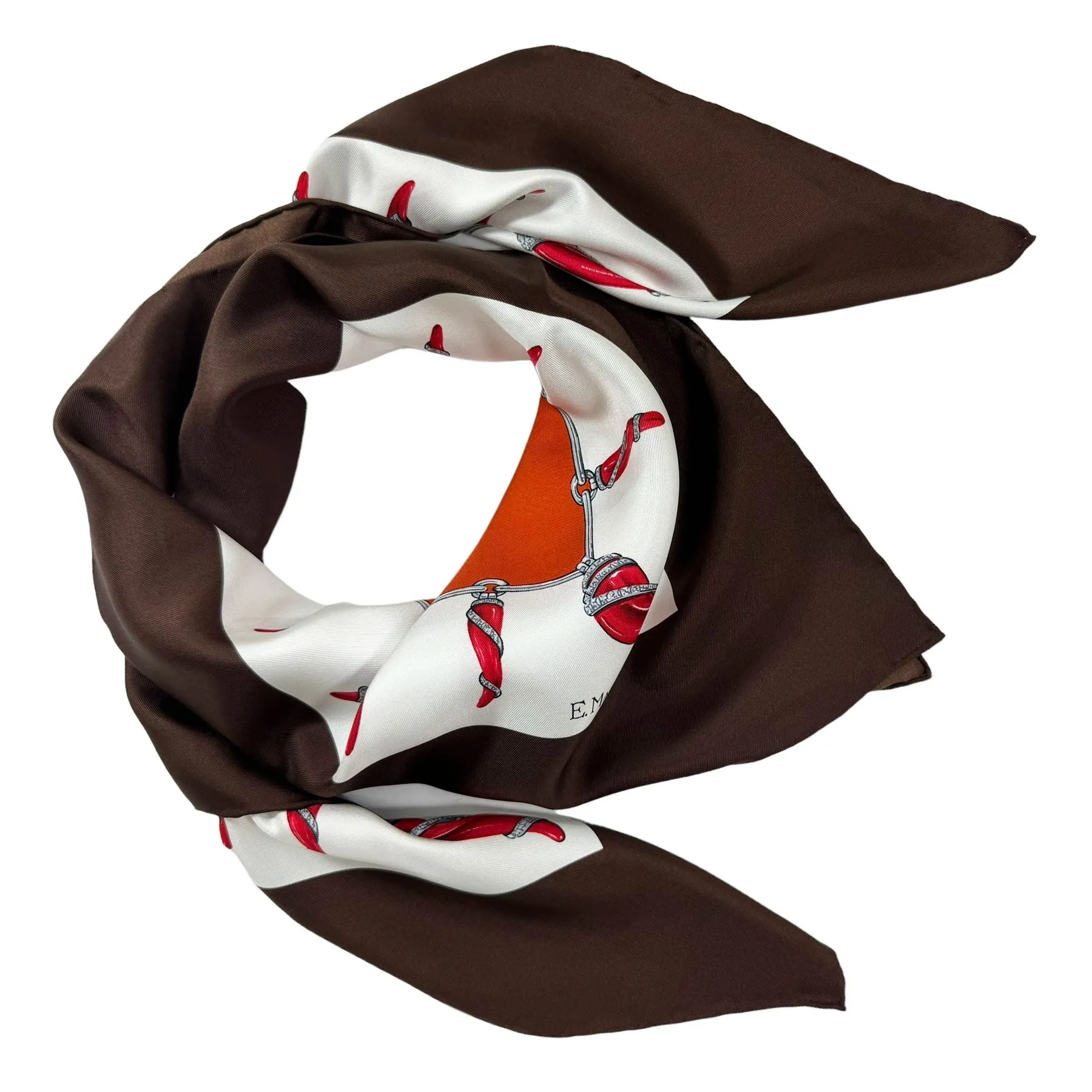 E. Marinella Scarf Dark Brown Lucky Horn & Pulcinella Mask - Twill Silk Foulard SALE