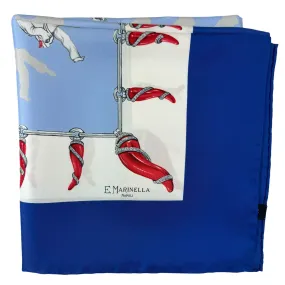 E. Marinella Scarf Royal Blue with Red Lucky Horn & Pulcinella Mask - Twill Silk Foulard SALE