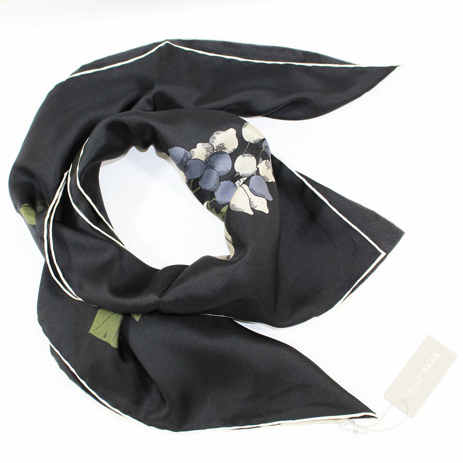 Elie Saab Scarf Gray Black Floral Design - Twill Silk Square Foulard