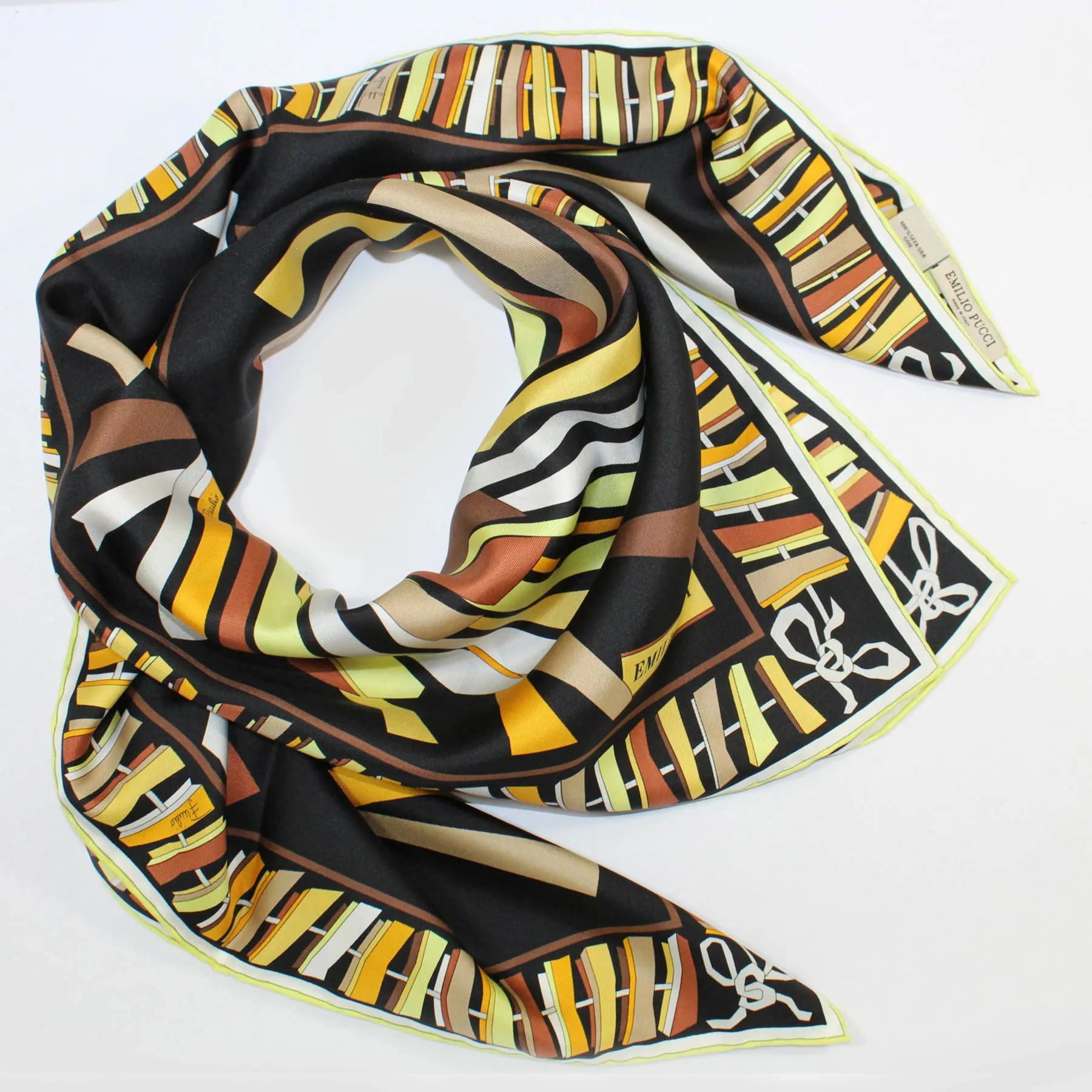 Emilio Pucci Scarf Black Brown Yellow Design - Large Twill Silk Square Foulard SALE