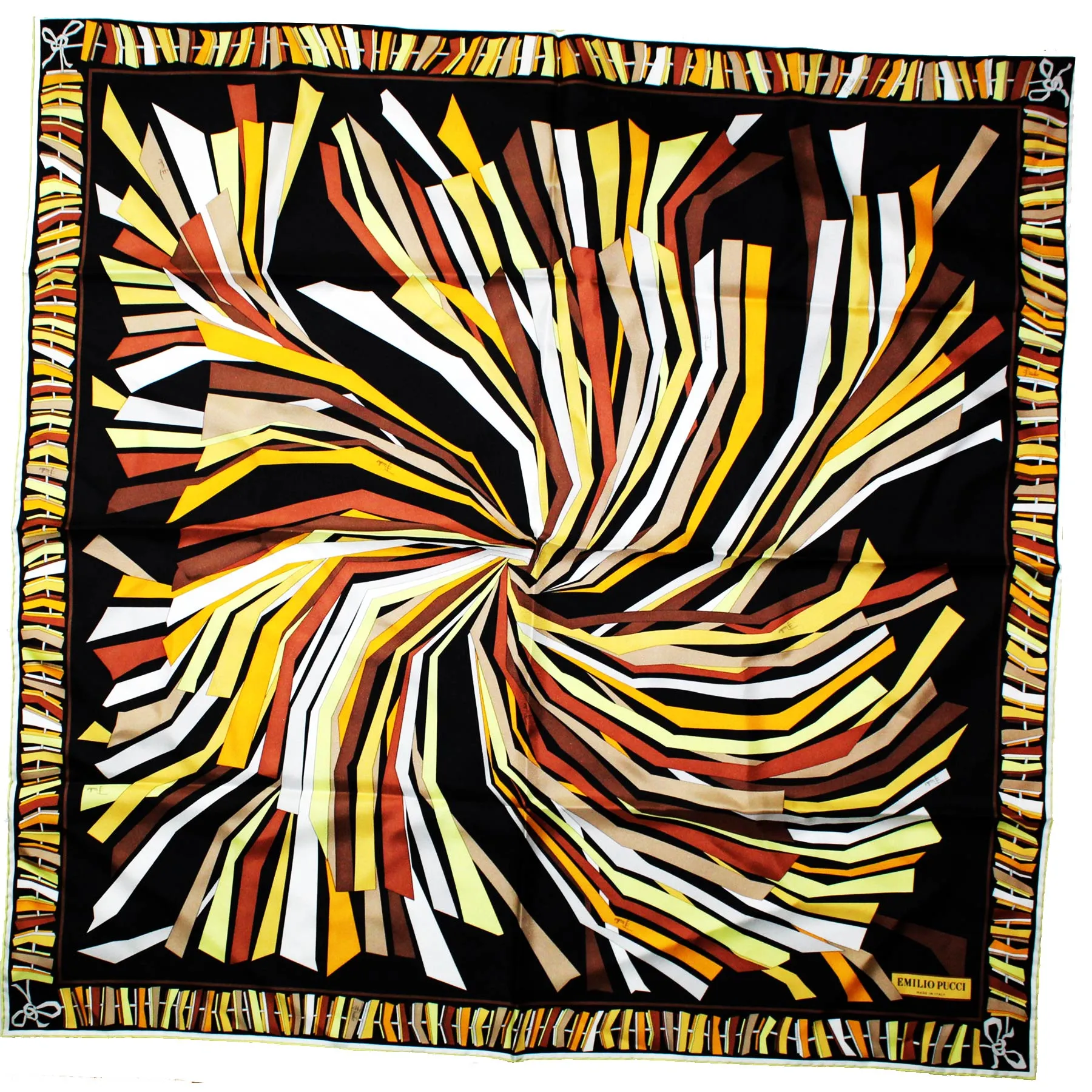 Emilio Pucci Scarf Black Brown Yellow Design - Large Twill Silk Square Foulard SALE