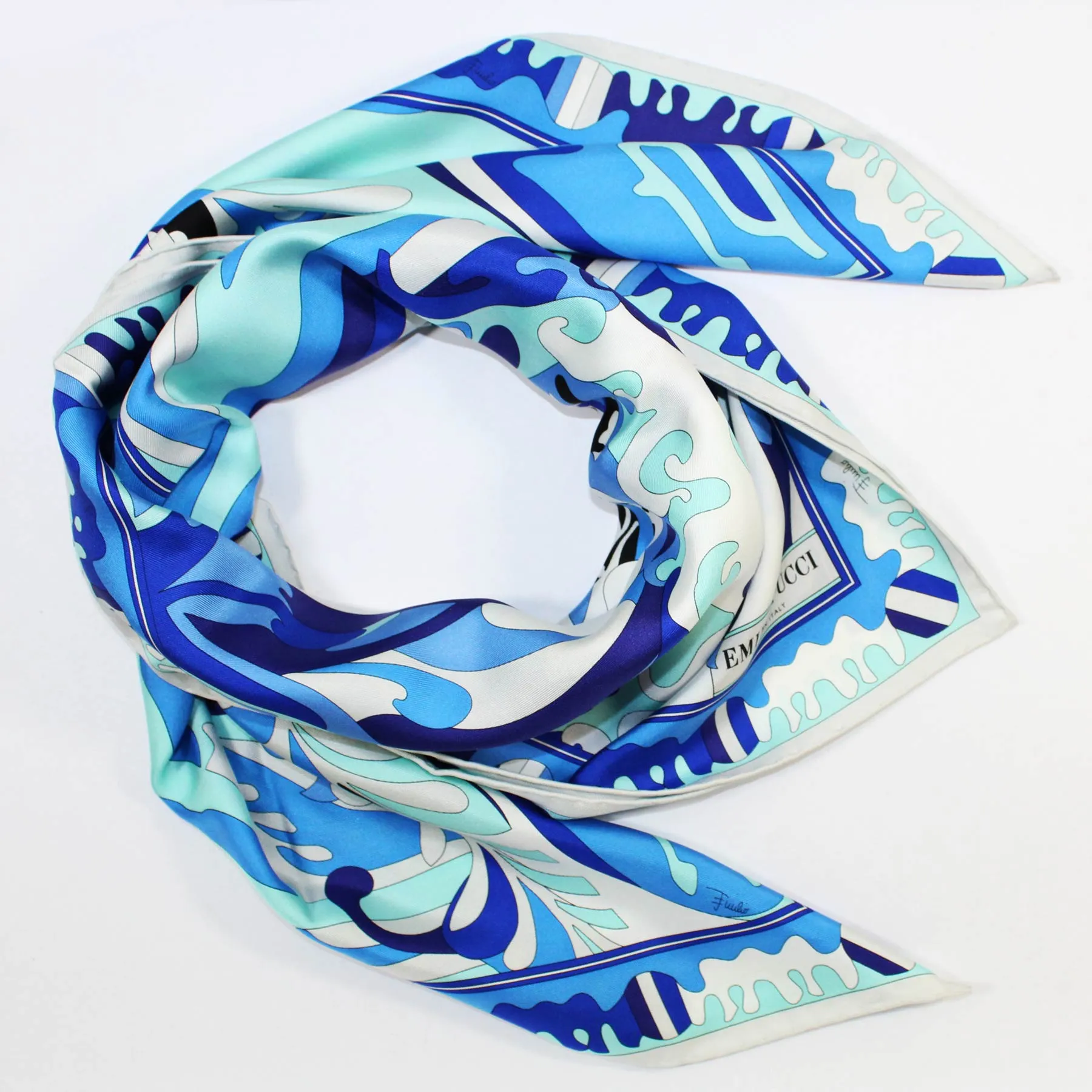 Emilio Pucci Scarf Royal Blue White Design - Large Twill Silk Square Scarf SALE