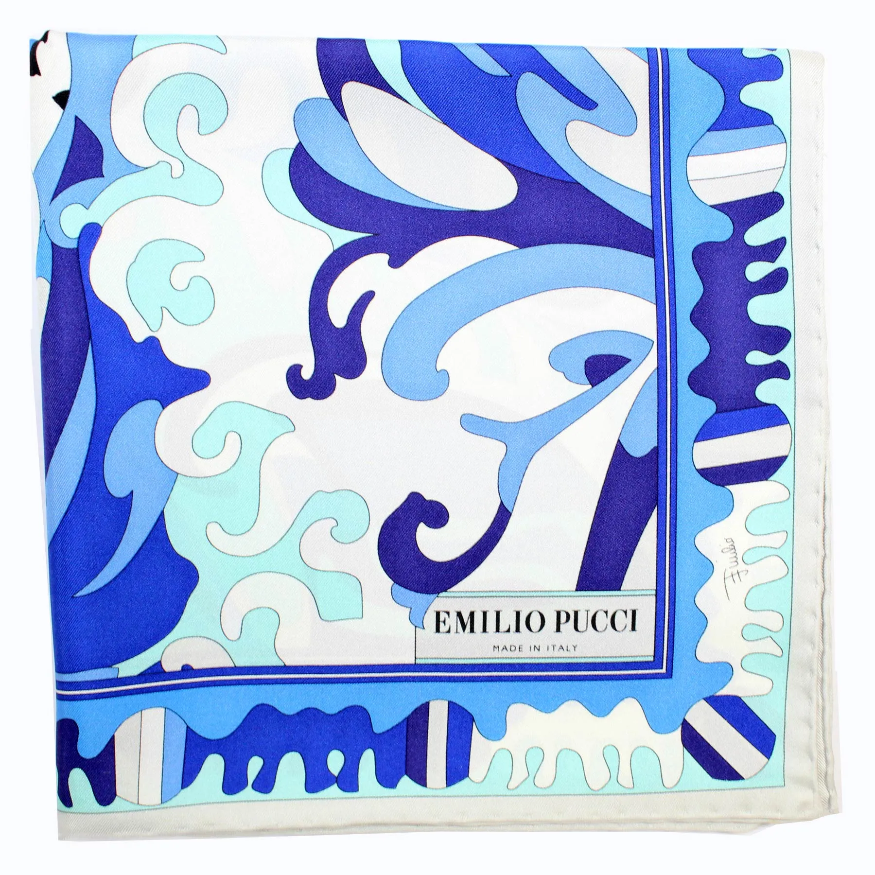 Emilio Pucci Scarf Royal Blue White Design - Large Twill Silk Square Scarf SALE