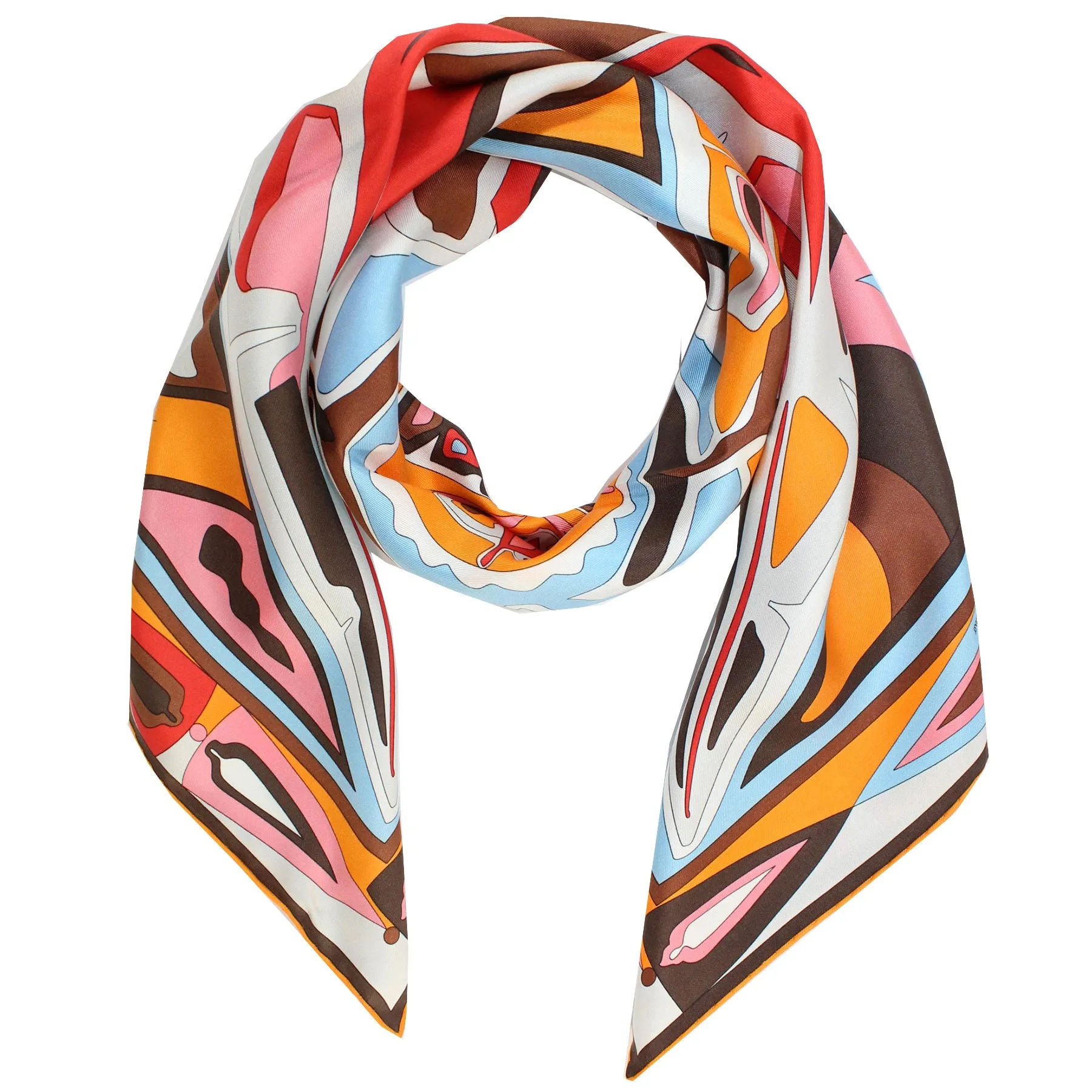 Emilio Pucci Silk Scarf Orange Red Brown Medallions Design - Twill Silk Square Scarf