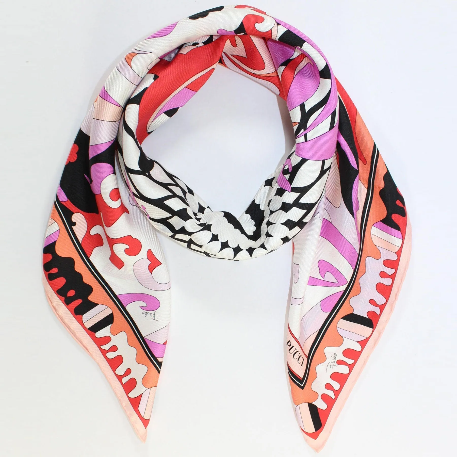 Emilio Pucci Silk Scarf Orange Red Lilac Ornamental - Large Twill Silk Square Scarf