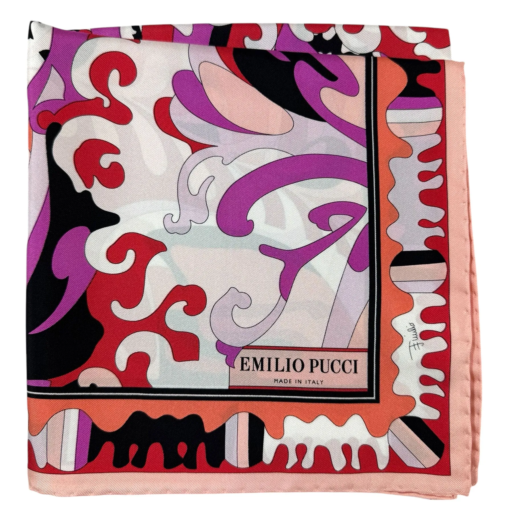 Emilio Pucci Silk Scarf Orange Red Lilac Ornamental - Large Twill Silk Square Scarf