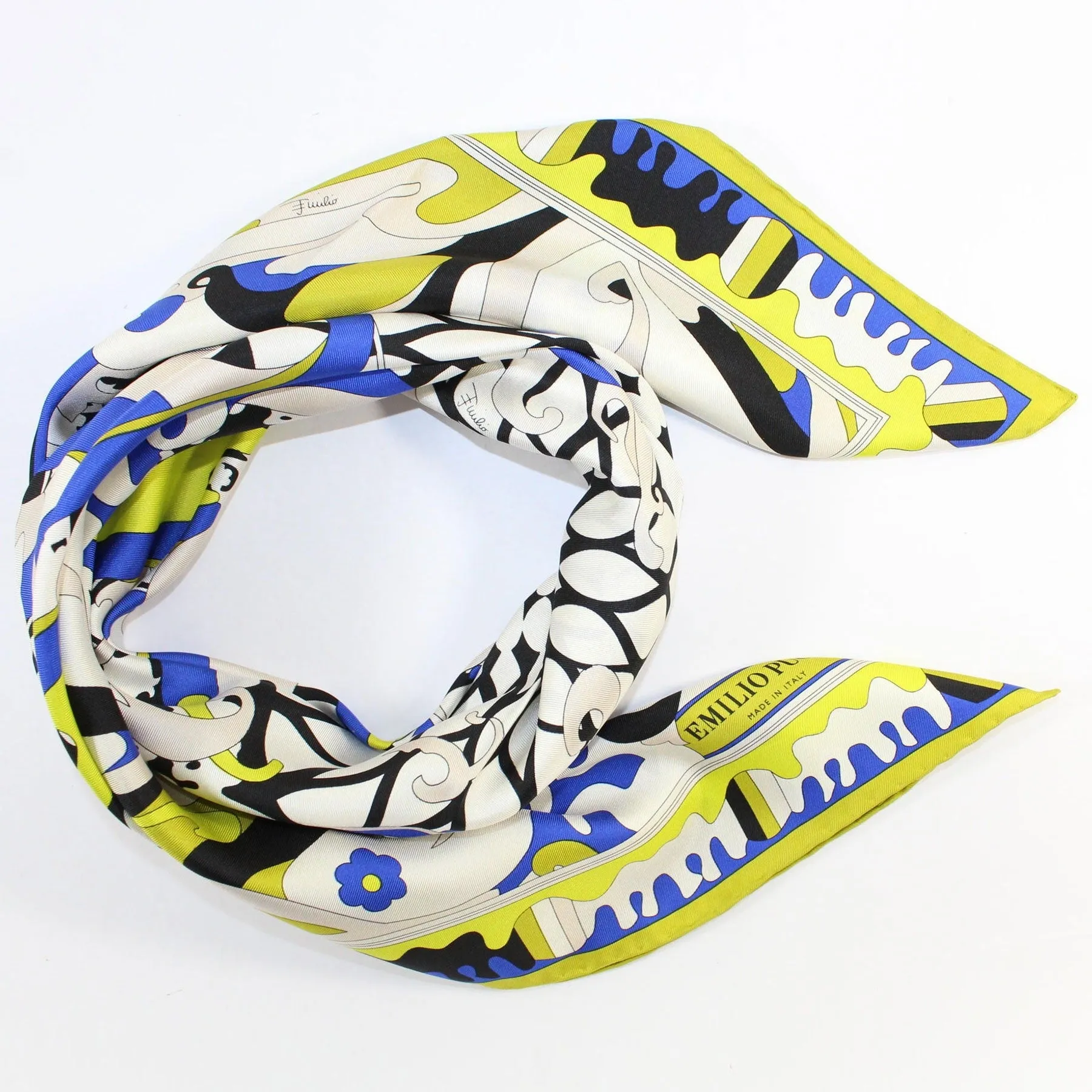 Emilio Pucci Silk Scarf Royal Blue Lime Design - Large Twill Silk Square Scarf