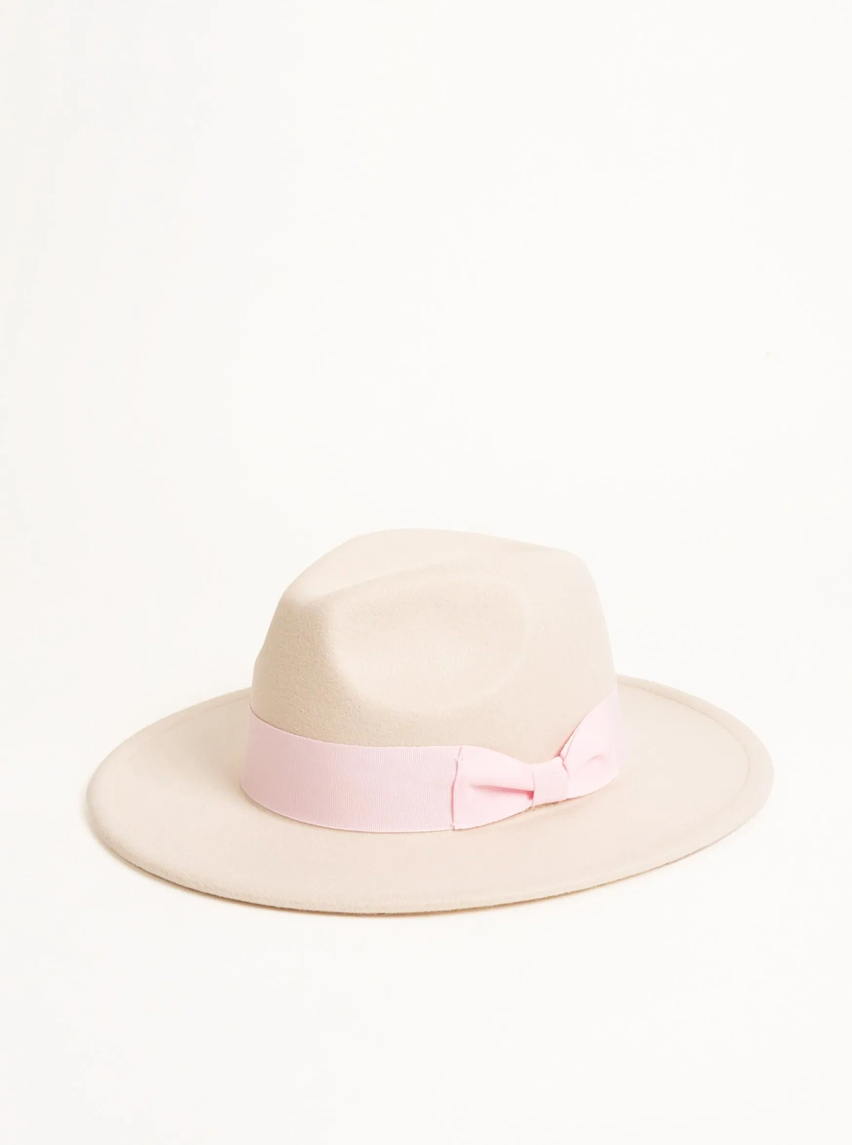 Fedora Hat in Beige with Pink Bow Trim and size adjuster