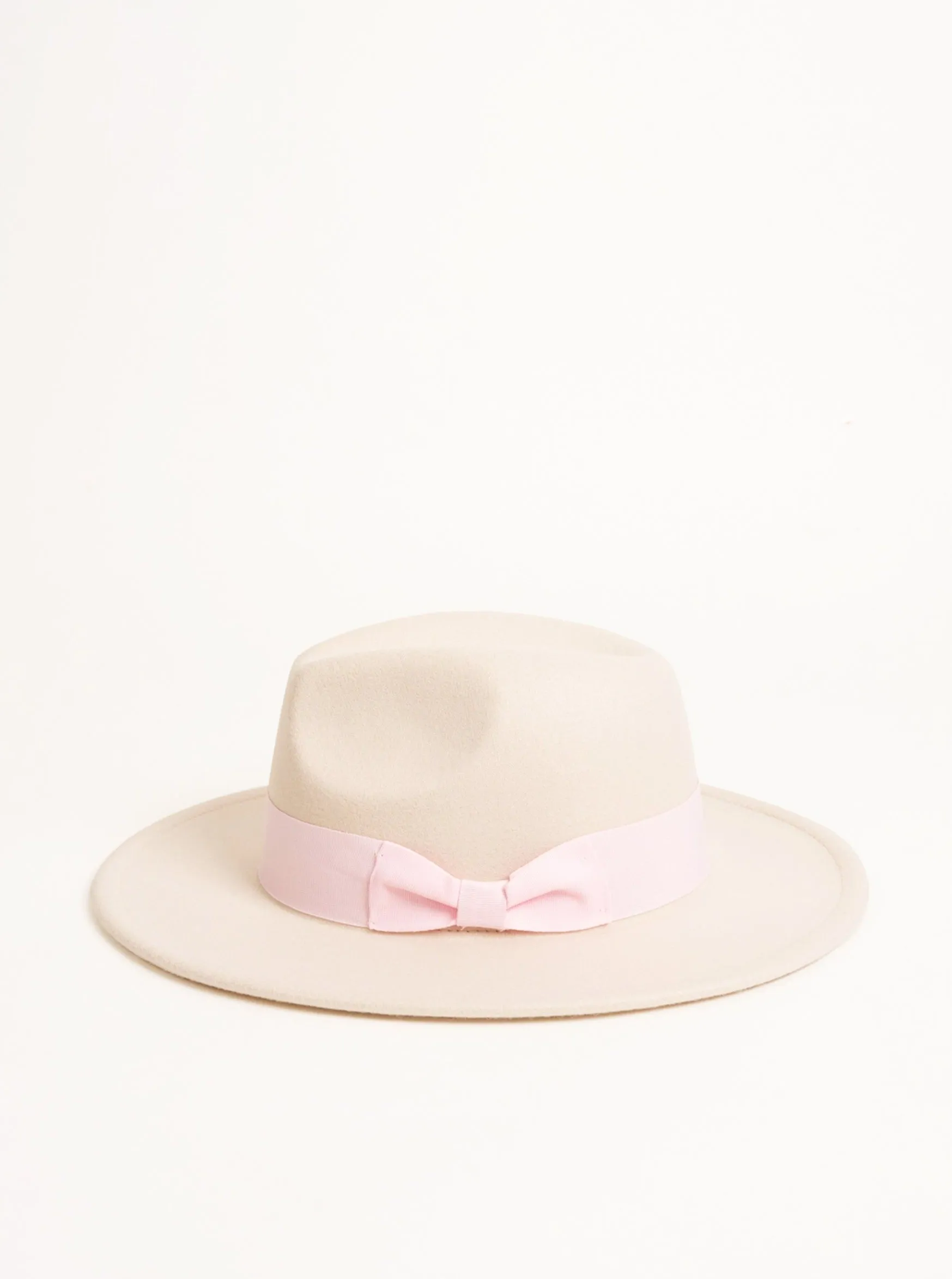 Fedora Hat in Beige with Pink Bow Trim and size adjuster