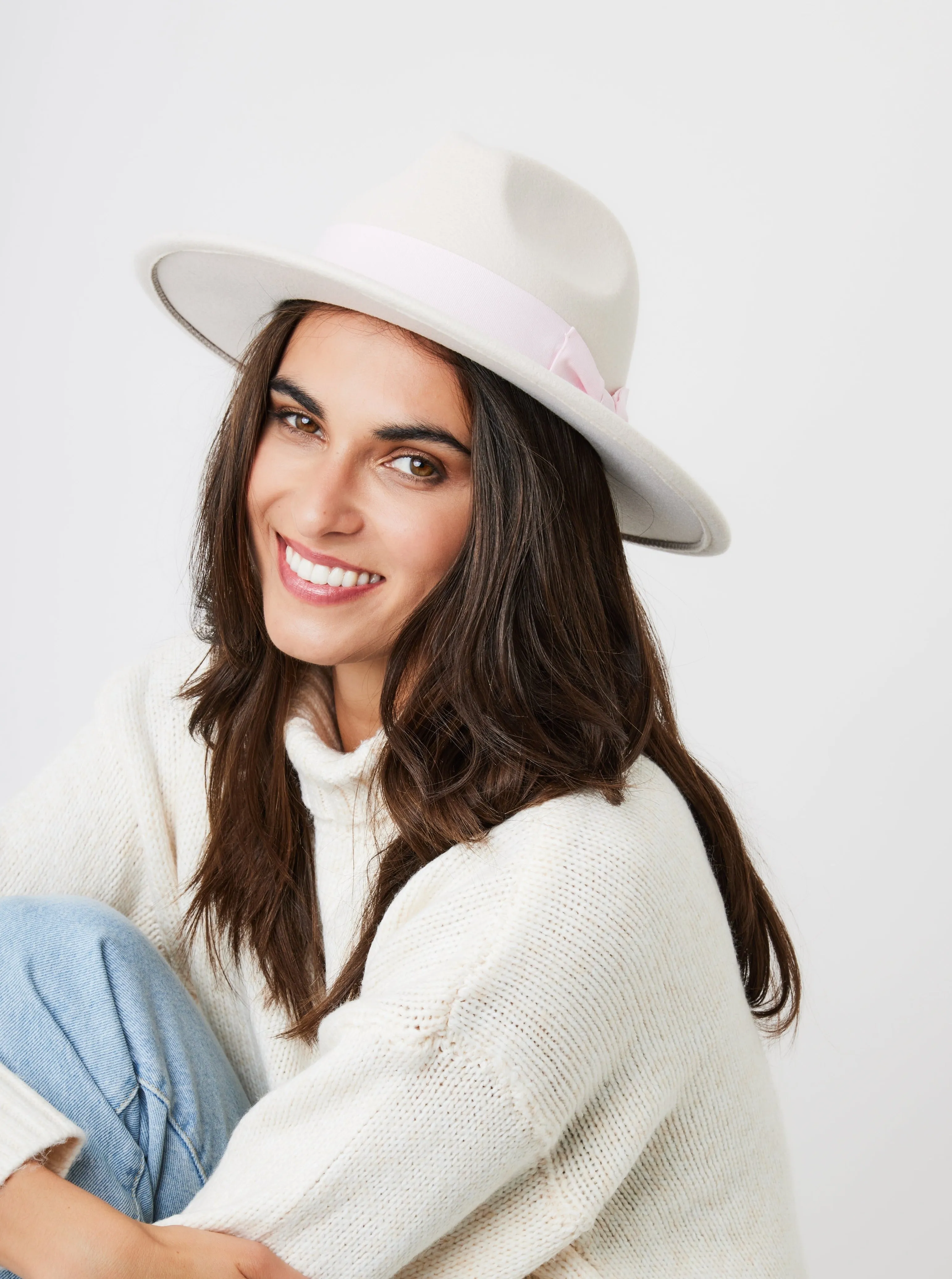 Fedora Hat in Beige with Pink Bow Trim and size adjuster