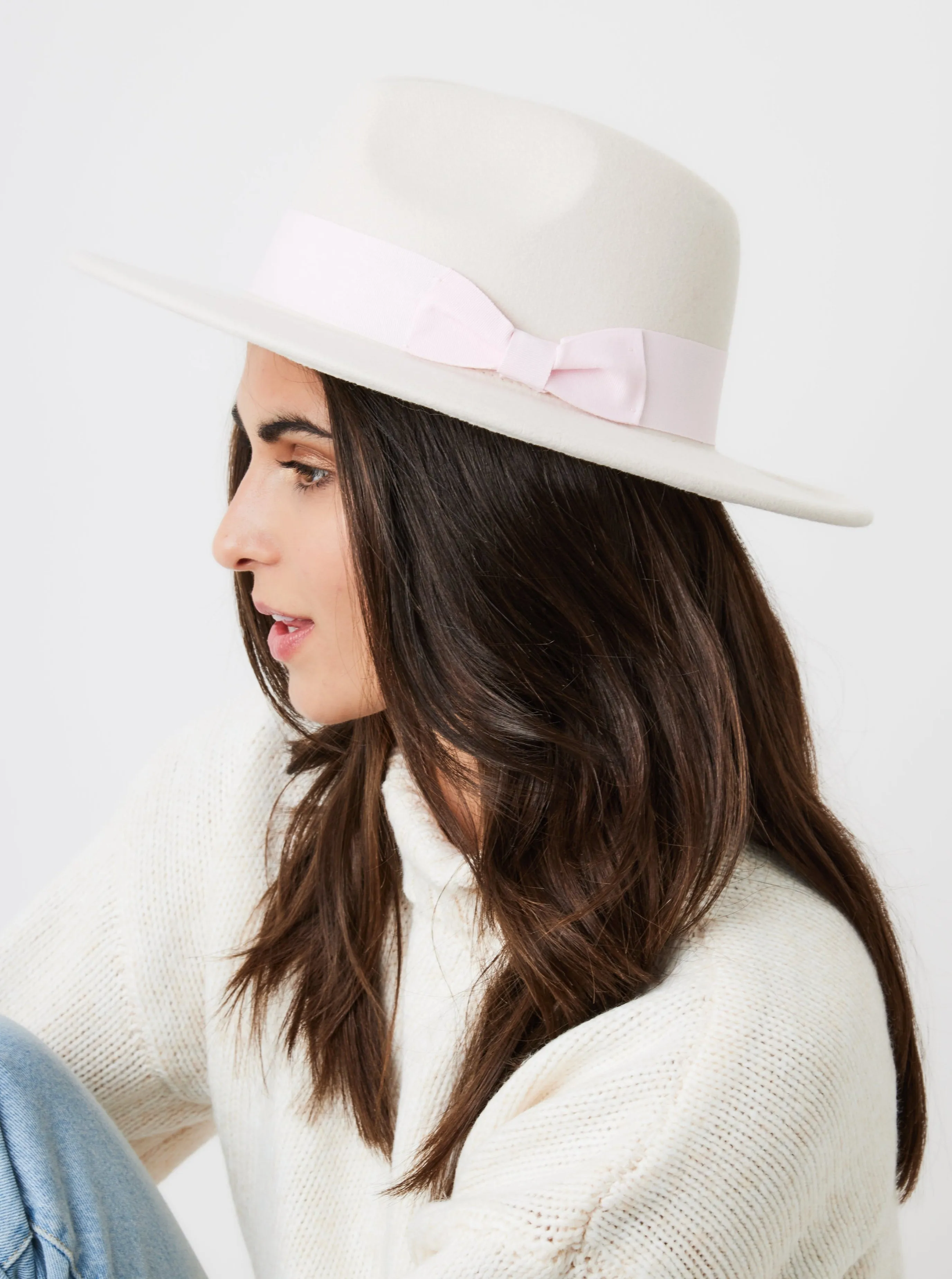 Fedora Hat in Beige with Pink Bow Trim and size adjuster