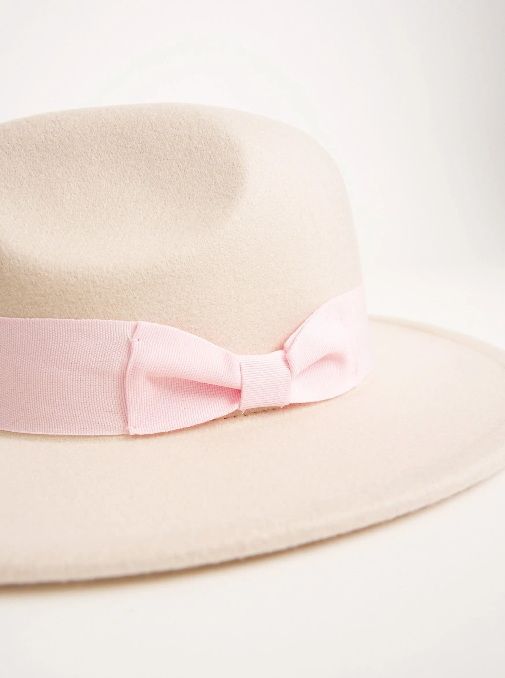 Fedora Hat in Beige with Pink Bow Trim and size adjuster