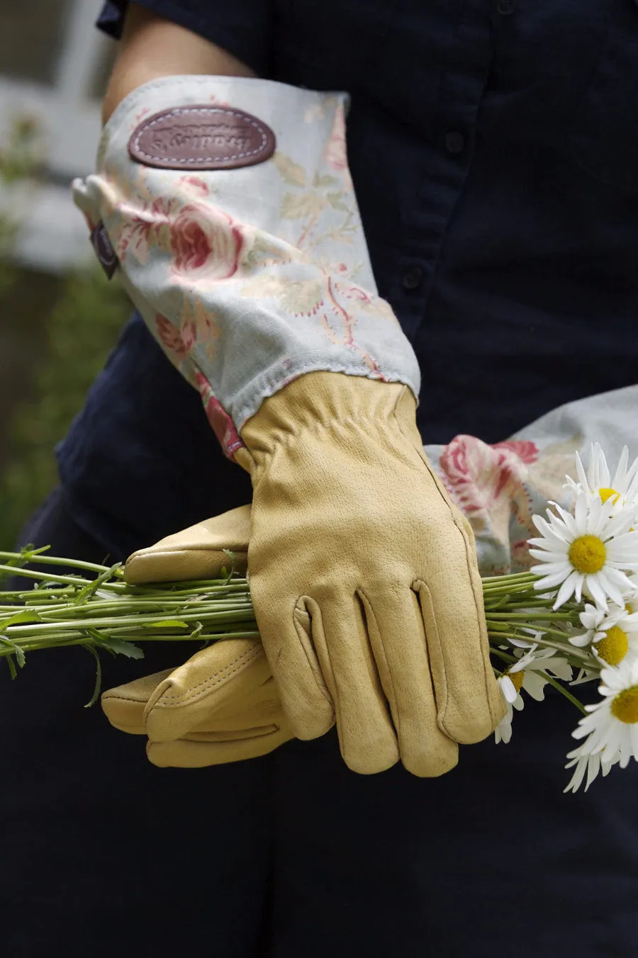 Floral English Leather & Linen Gardening Gloves