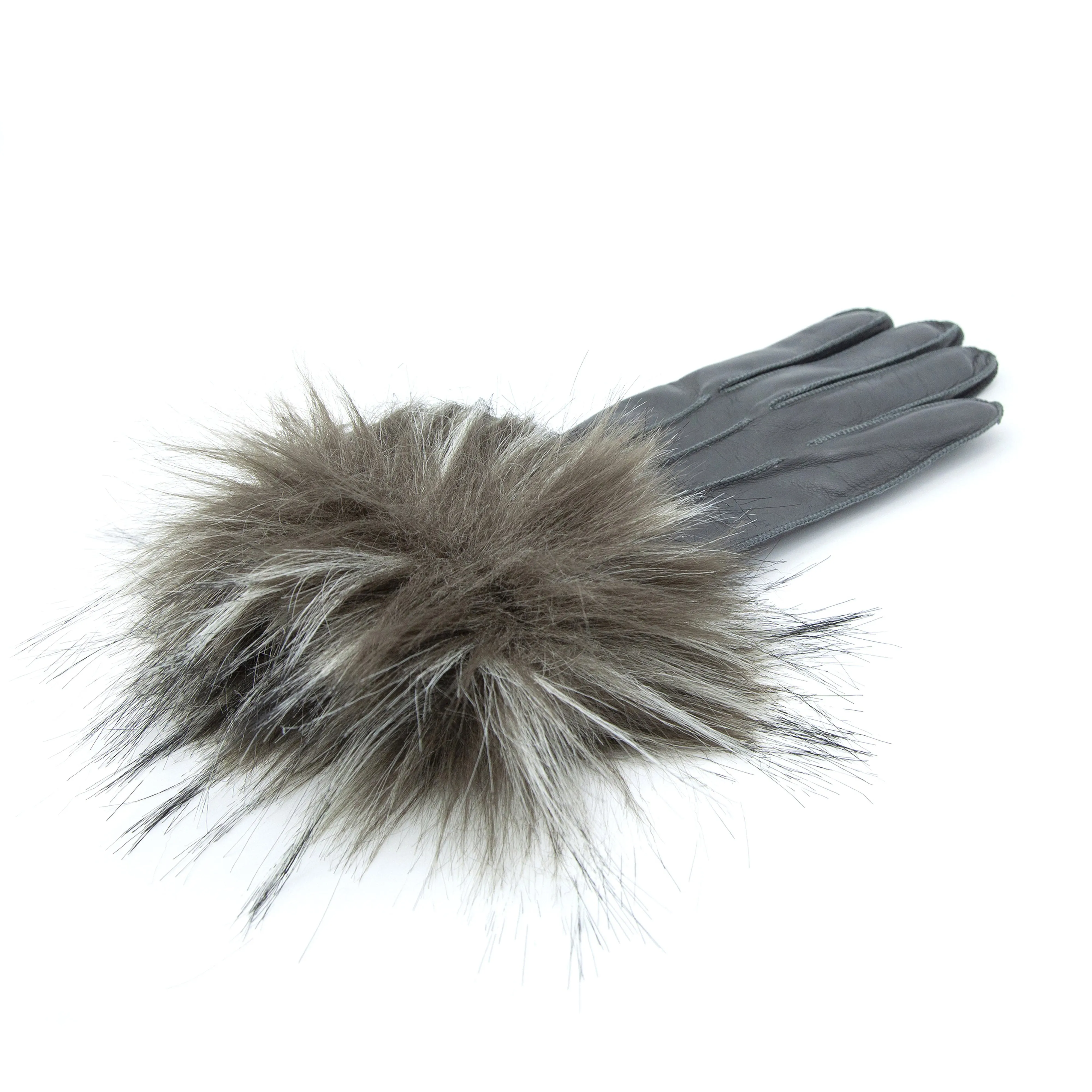 Gala Gloves Grey Leather Gloves With Fur Cuff And Cashmere Lining