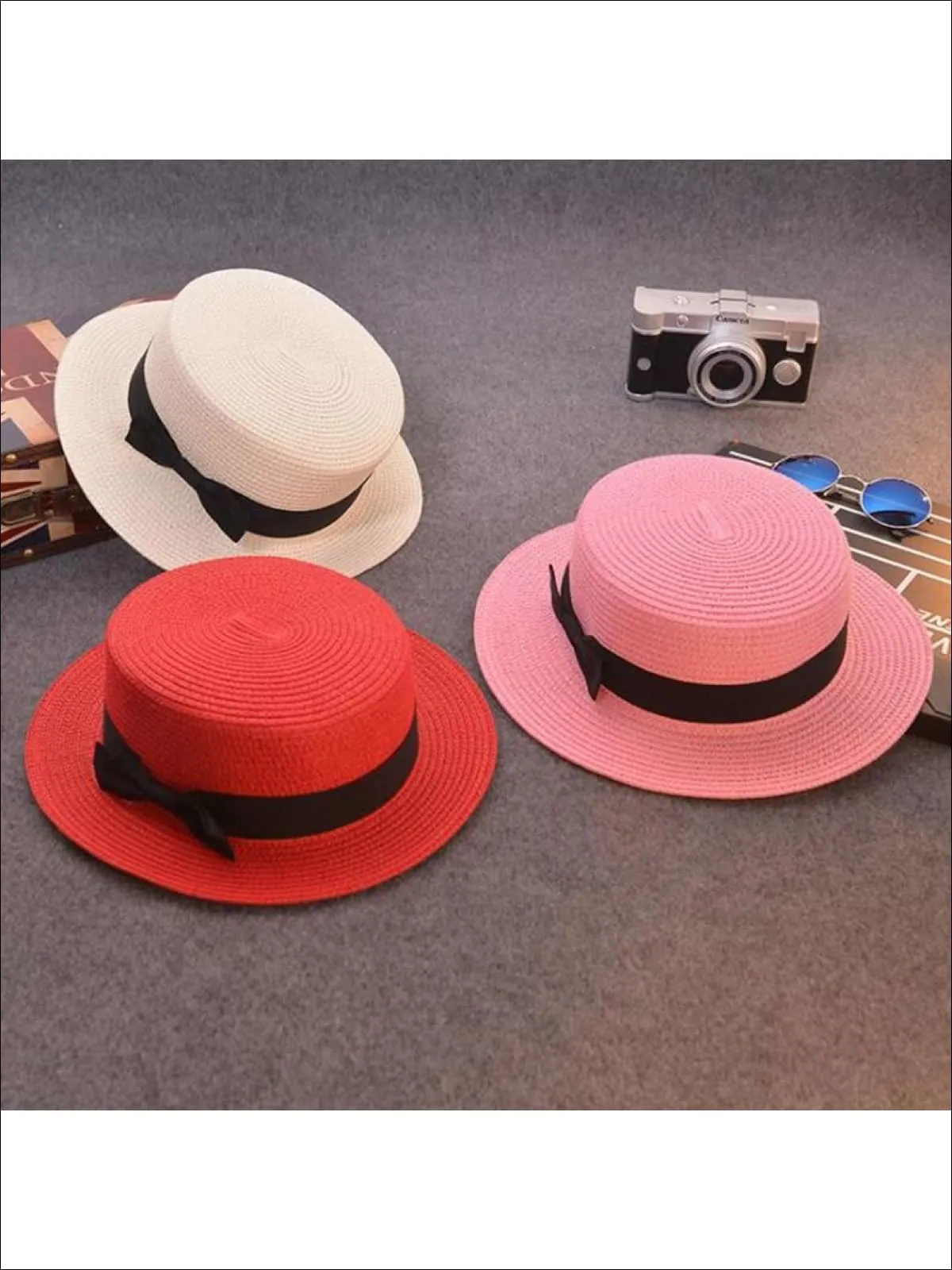 Girls Woven Straw Fedora Hat with Bow Tie (Multiple Color Options)