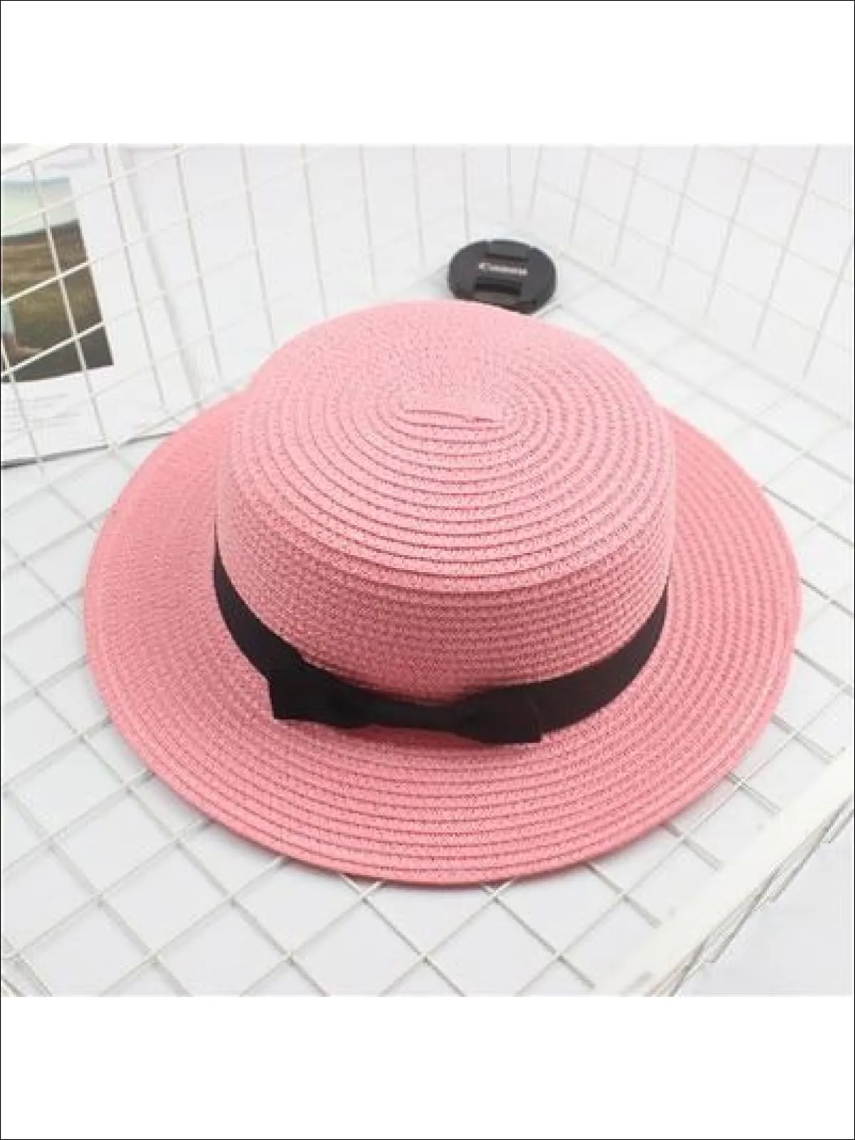 Girls Woven Straw Fedora Hat with Bow Tie (Multiple Color Options)