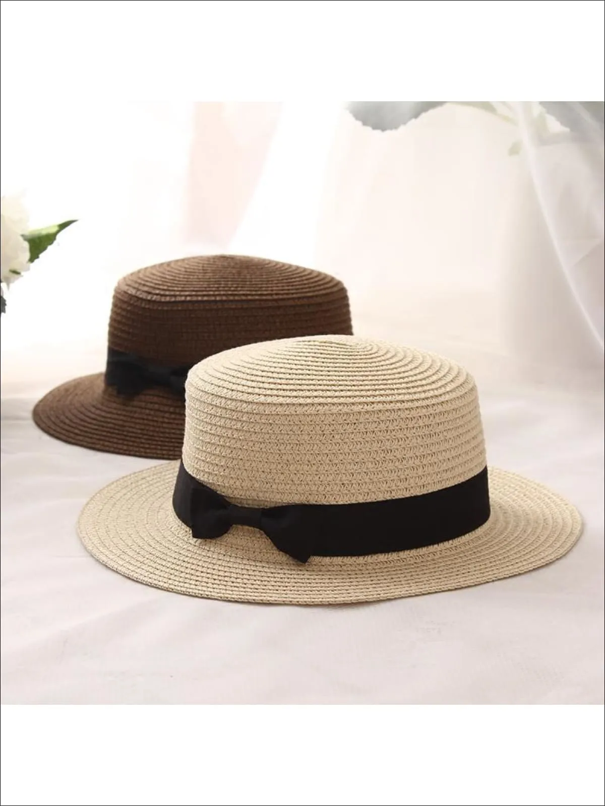 Girls Woven Straw Fedora Hat with Bow Tie (Multiple Color Options)