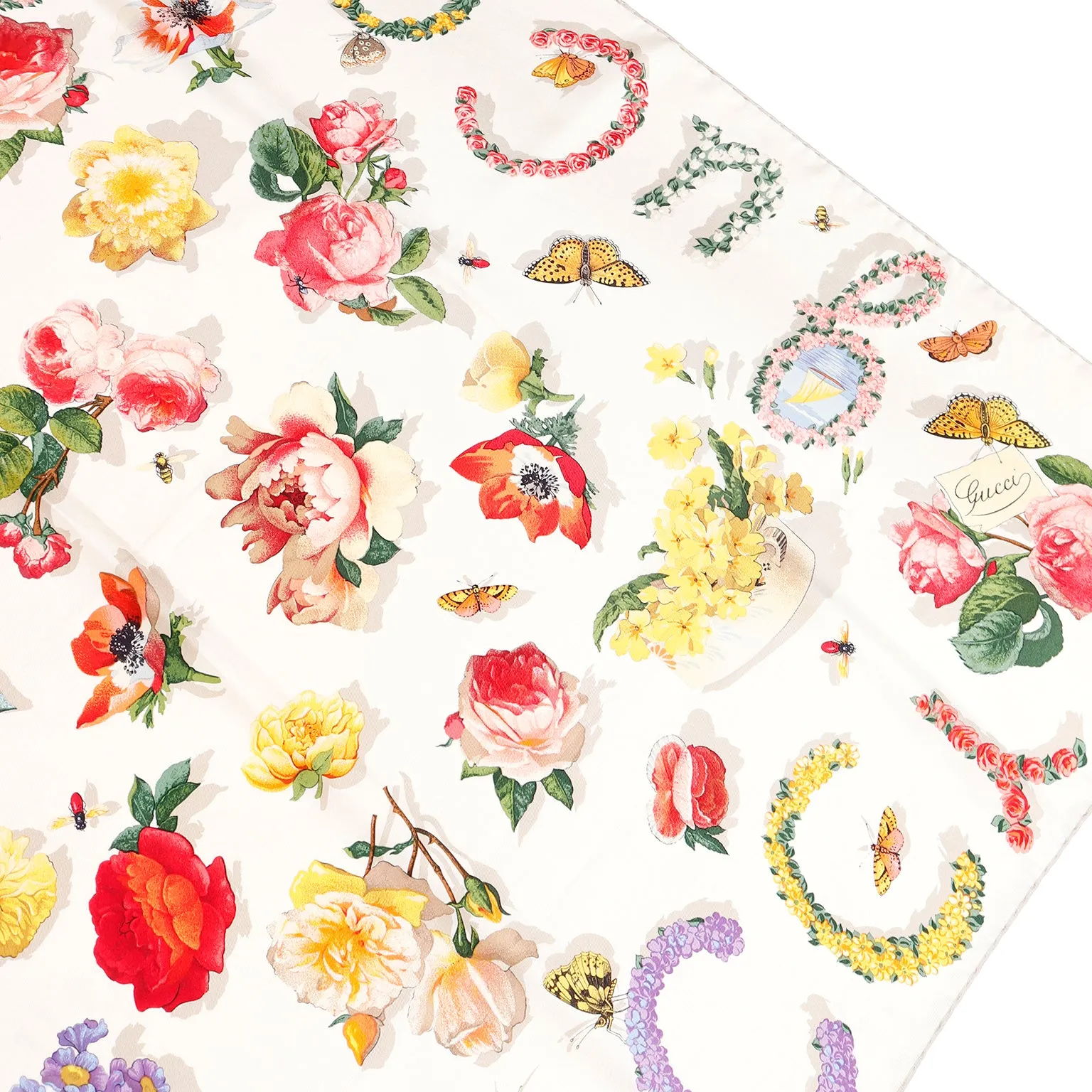 Gucci Colorful Silk Floral Scarf With Butterflies Bees and Insects