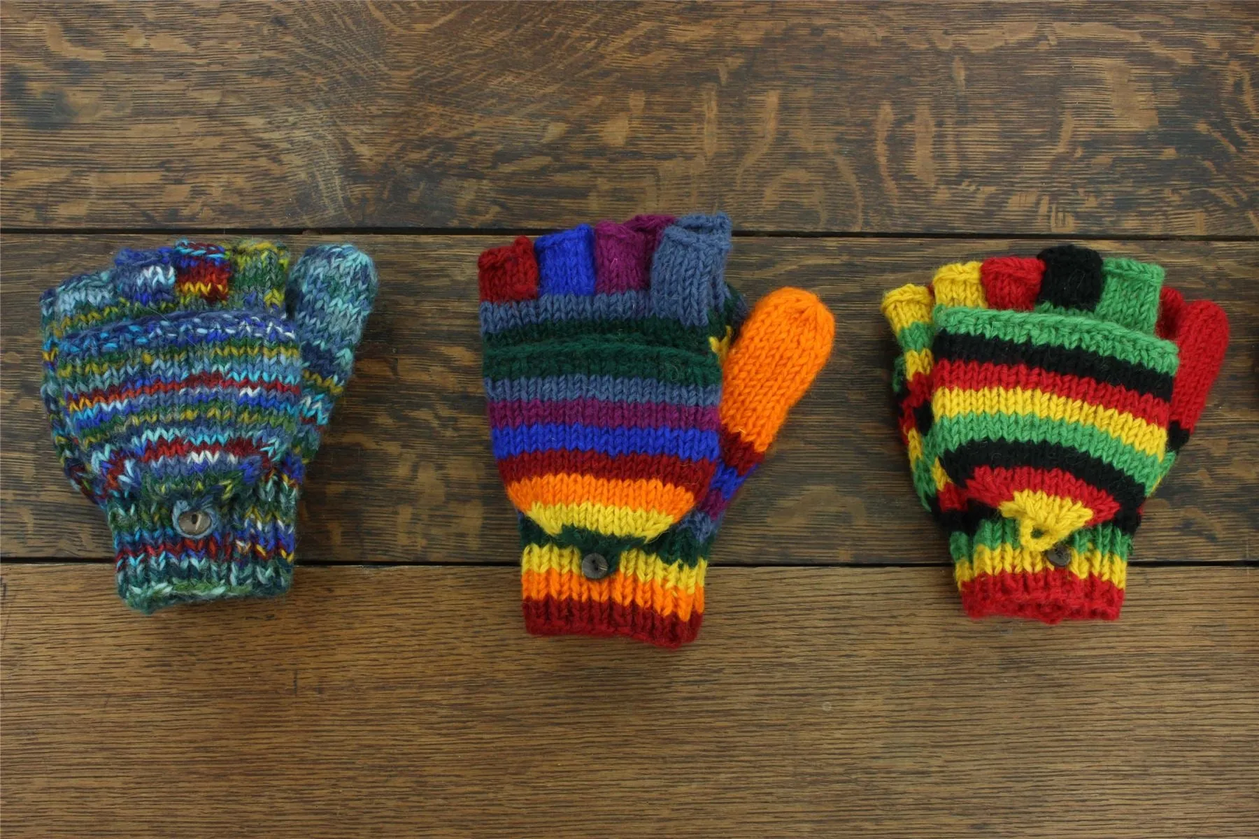 Hand Knitted Wool Shooter Gloves - Stripe Black Rainbow SD