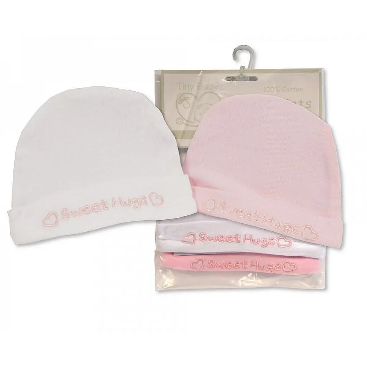 Hat Set of 2 'Sweet Hugs' Tiny Baby Pink and White