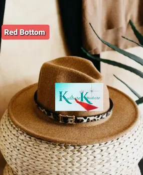 KHAKI & RED UNISEX FEDORA HAT WITH BELT