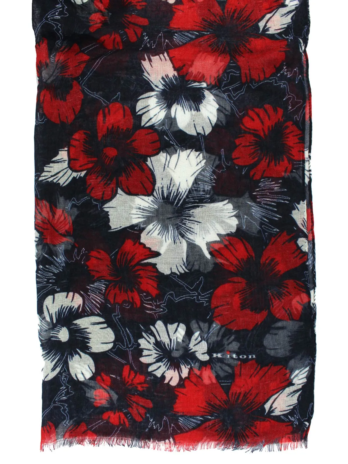 Kiton Scarf Navy Red White Floral Cashmere Silk SALE