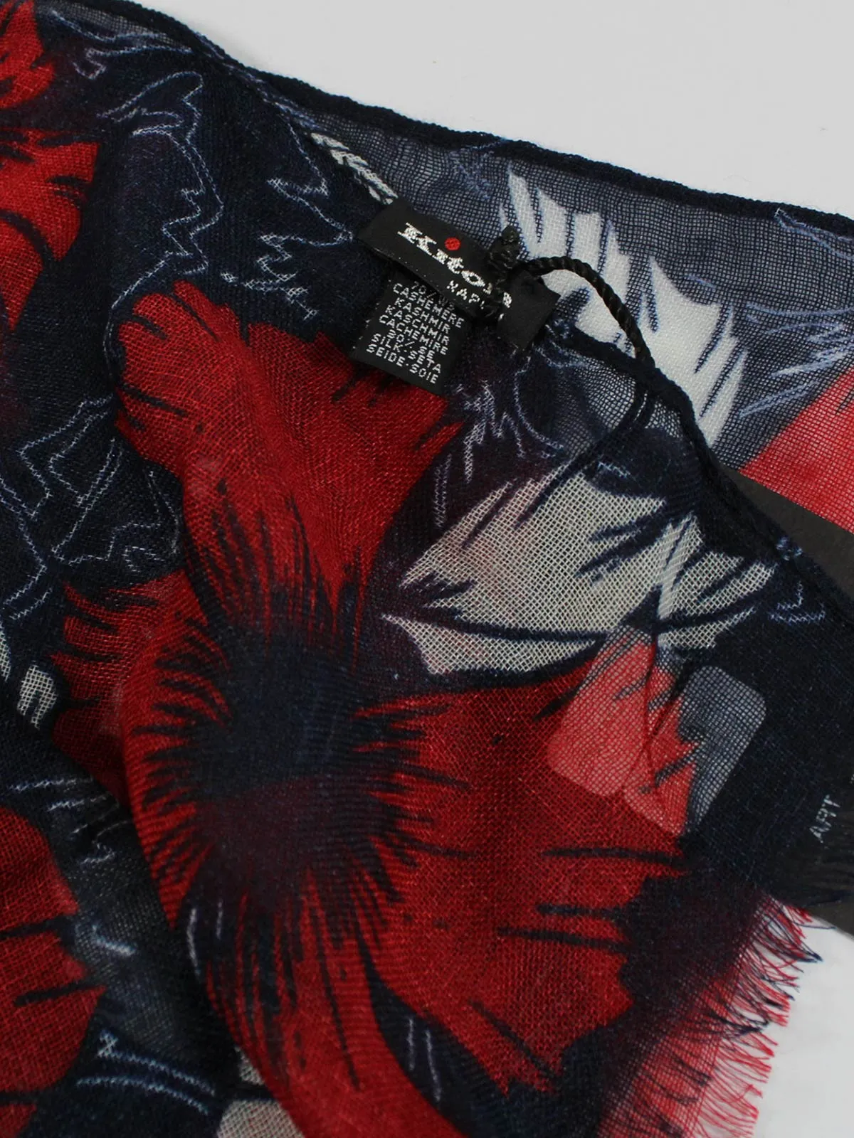 Kiton Scarf Navy Red White Floral Cashmere Silk SALE