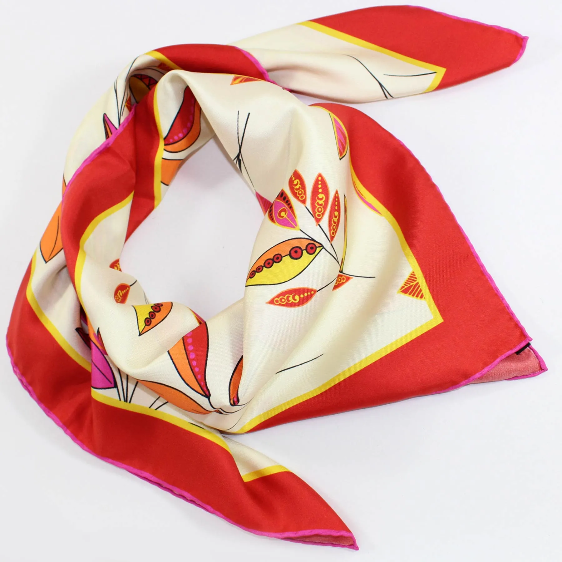 Kiton Scarf White Red Yellow Floral - Twill Silk Square Women Foulard