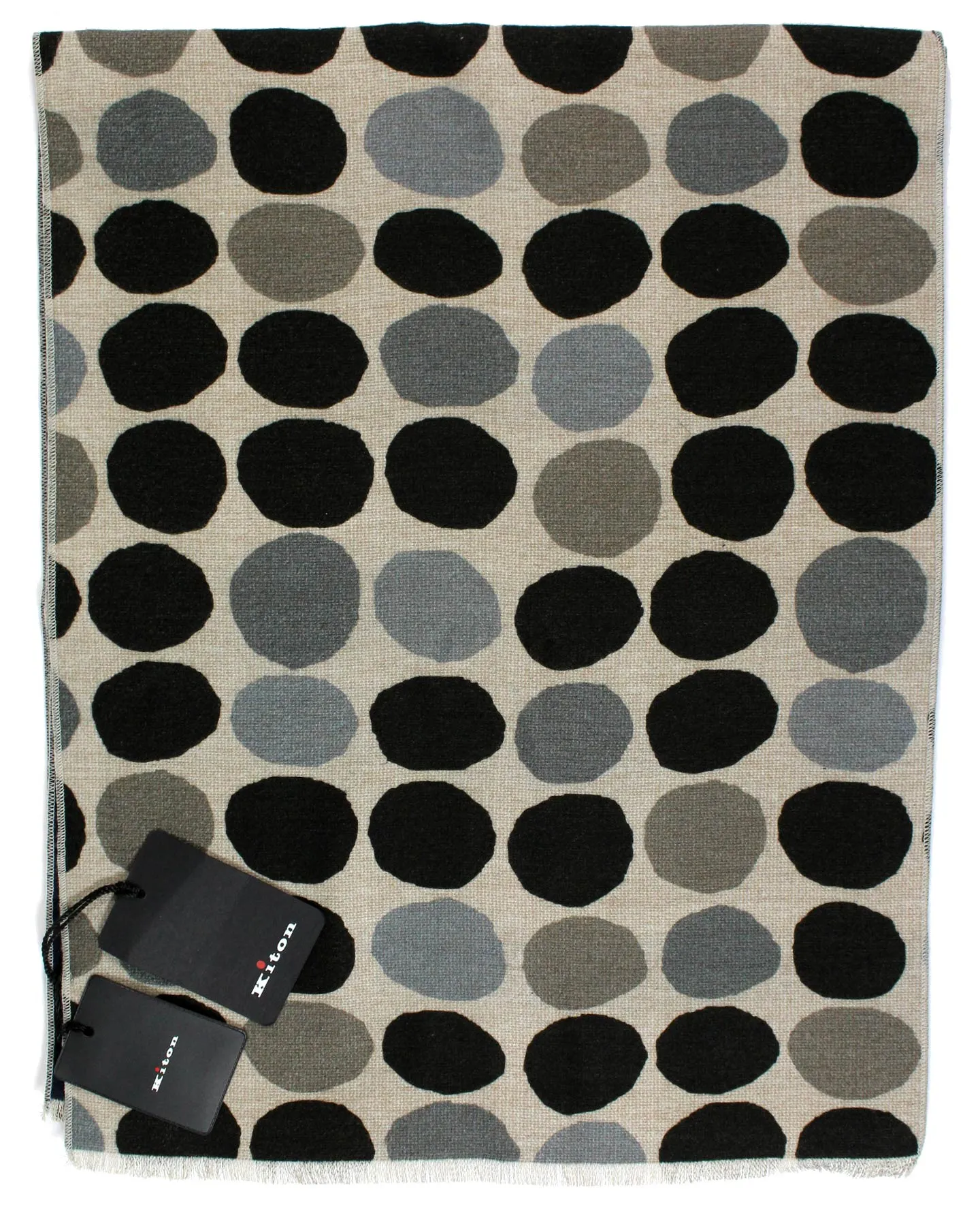 Kiton Silk Scarf Black Gray Large Polka Dots SALE