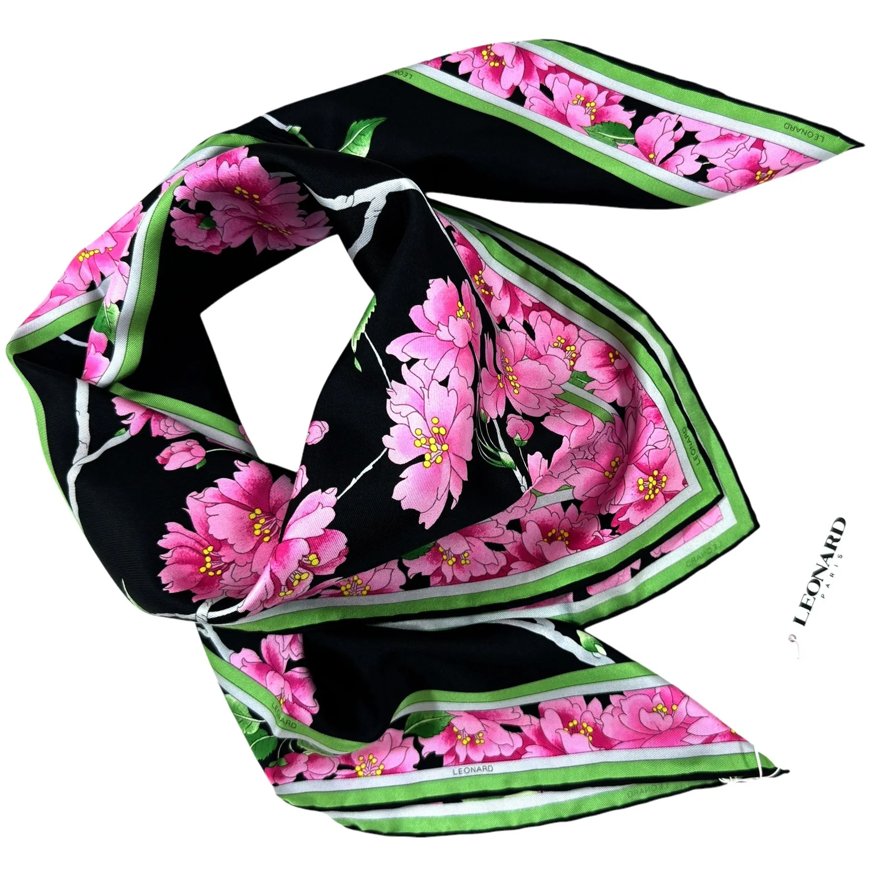 Leonard Paris Scarf Black Green Pink Floral - Twill Silk Large Square Scarf