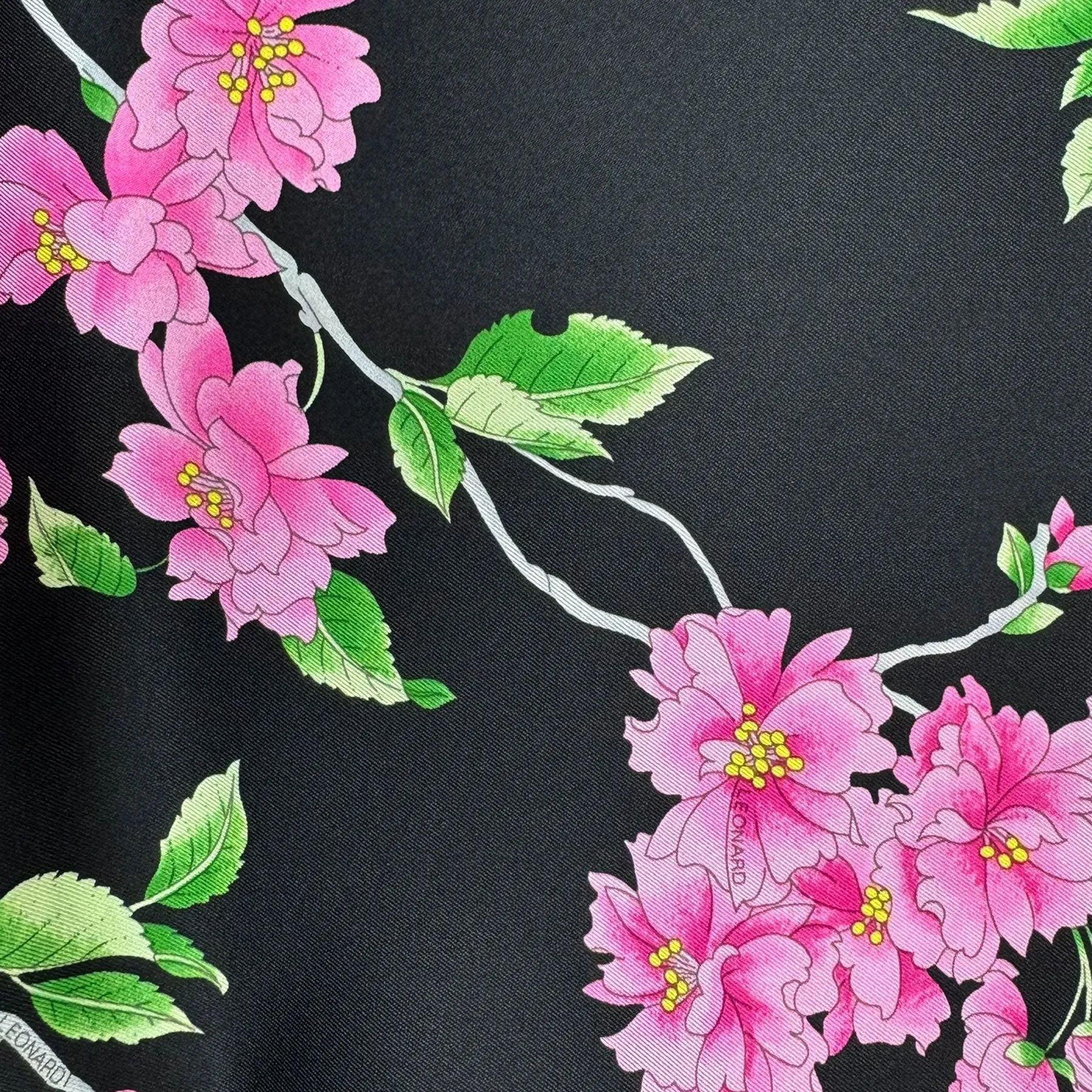 Leonard Paris Scarf Black Green Pink Floral - Twill Silk Large Square Scarf