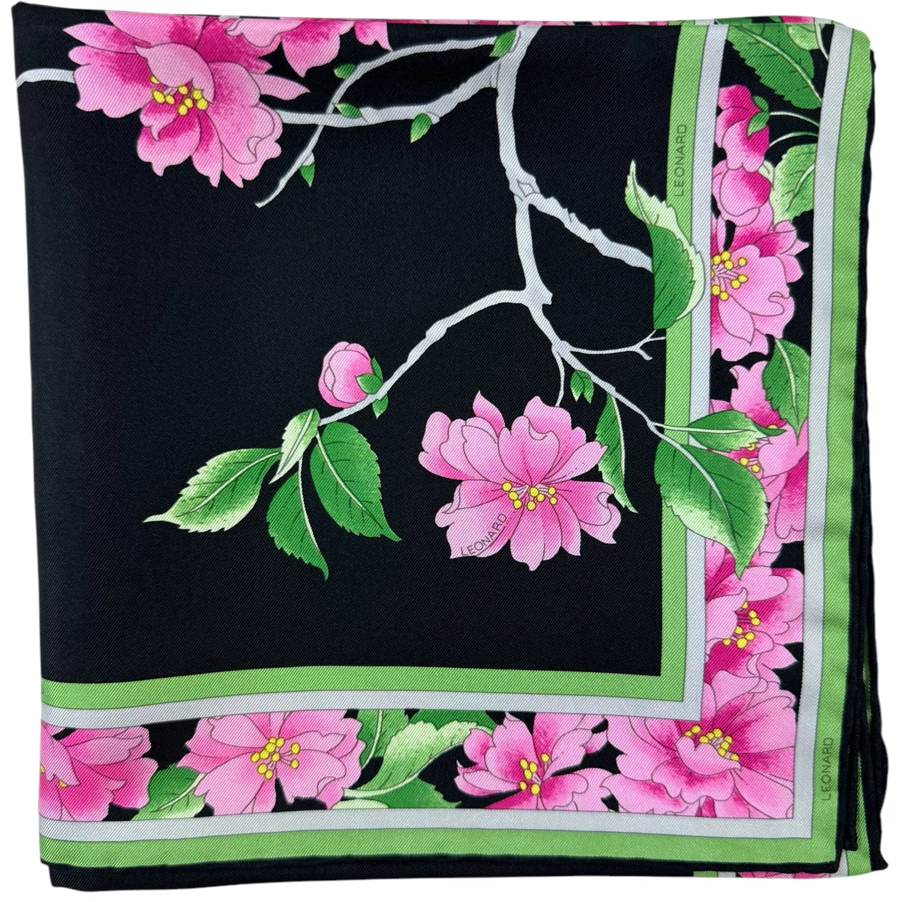 Leonard Paris Scarf Black Green Pink Floral - Twill Silk Large Square Scarf