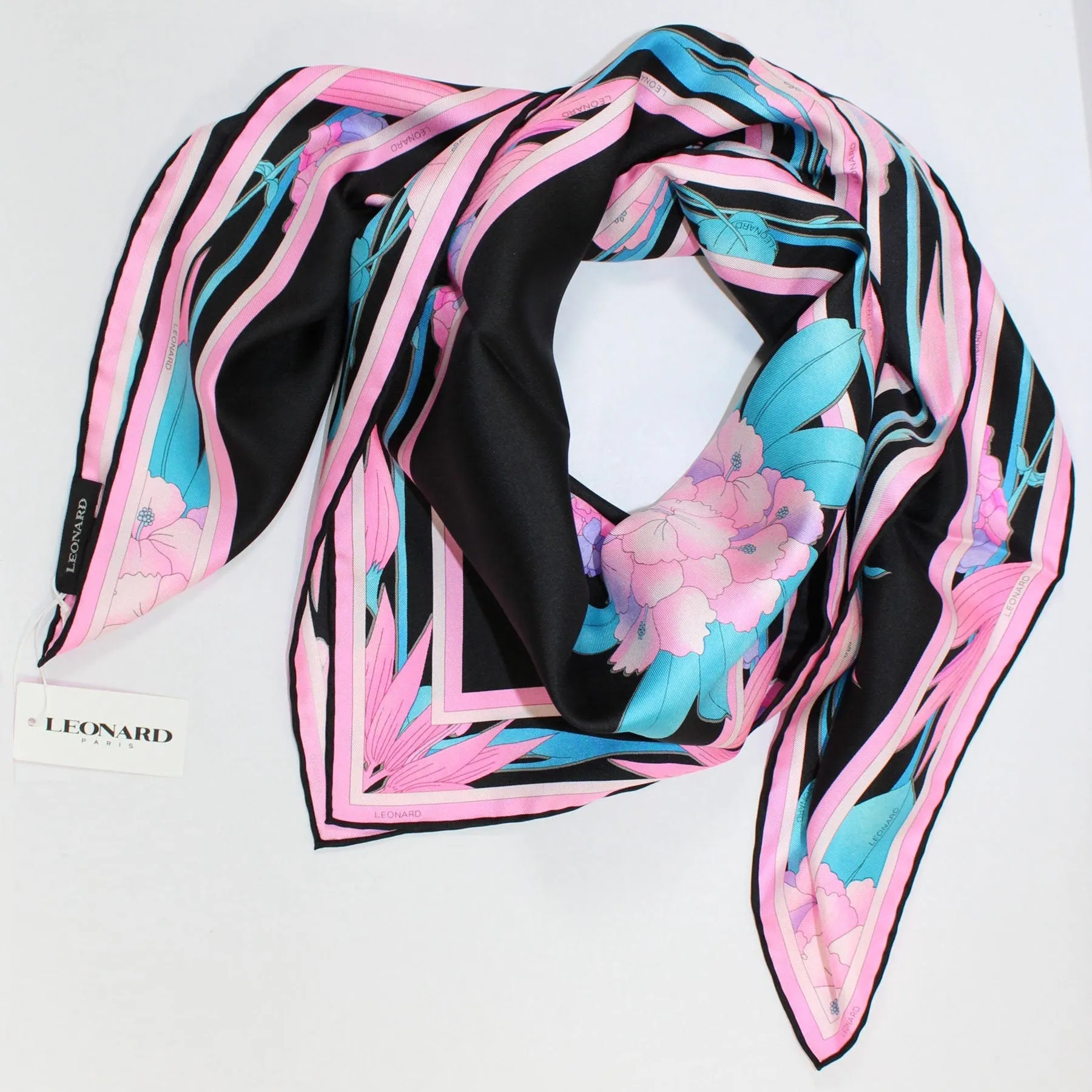 Leonard Paris Scarf Black Pink Aqua Floral - Square Twill Silk Foulard SALE