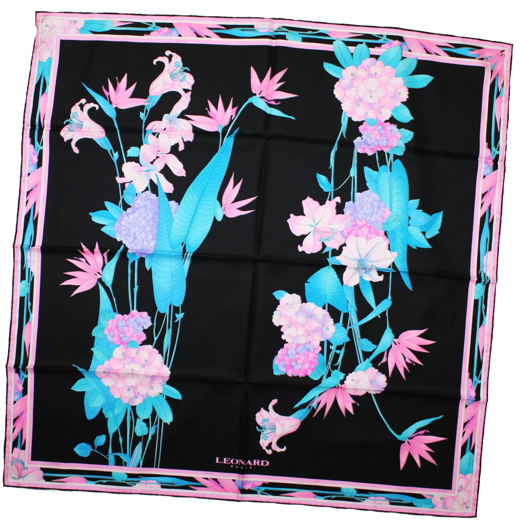 Leonard Paris Scarf Black Pink Aqua Floral - Square Twill Silk Foulard SALE