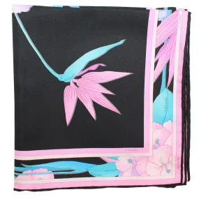 Leonard Paris Scarf Black Pink Aqua Floral - Square Twill Silk Foulard SALE