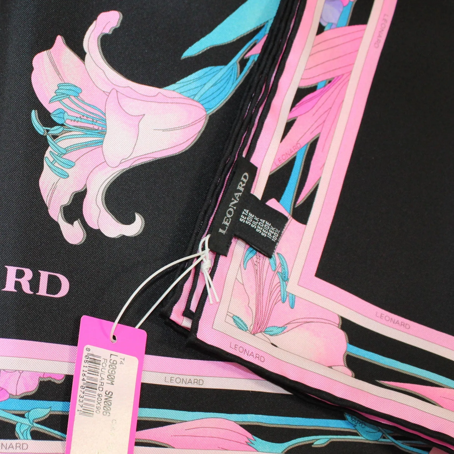 Leonard Paris Scarf Black Pink Aqua Floral - Square Twill Silk Foulard SALE