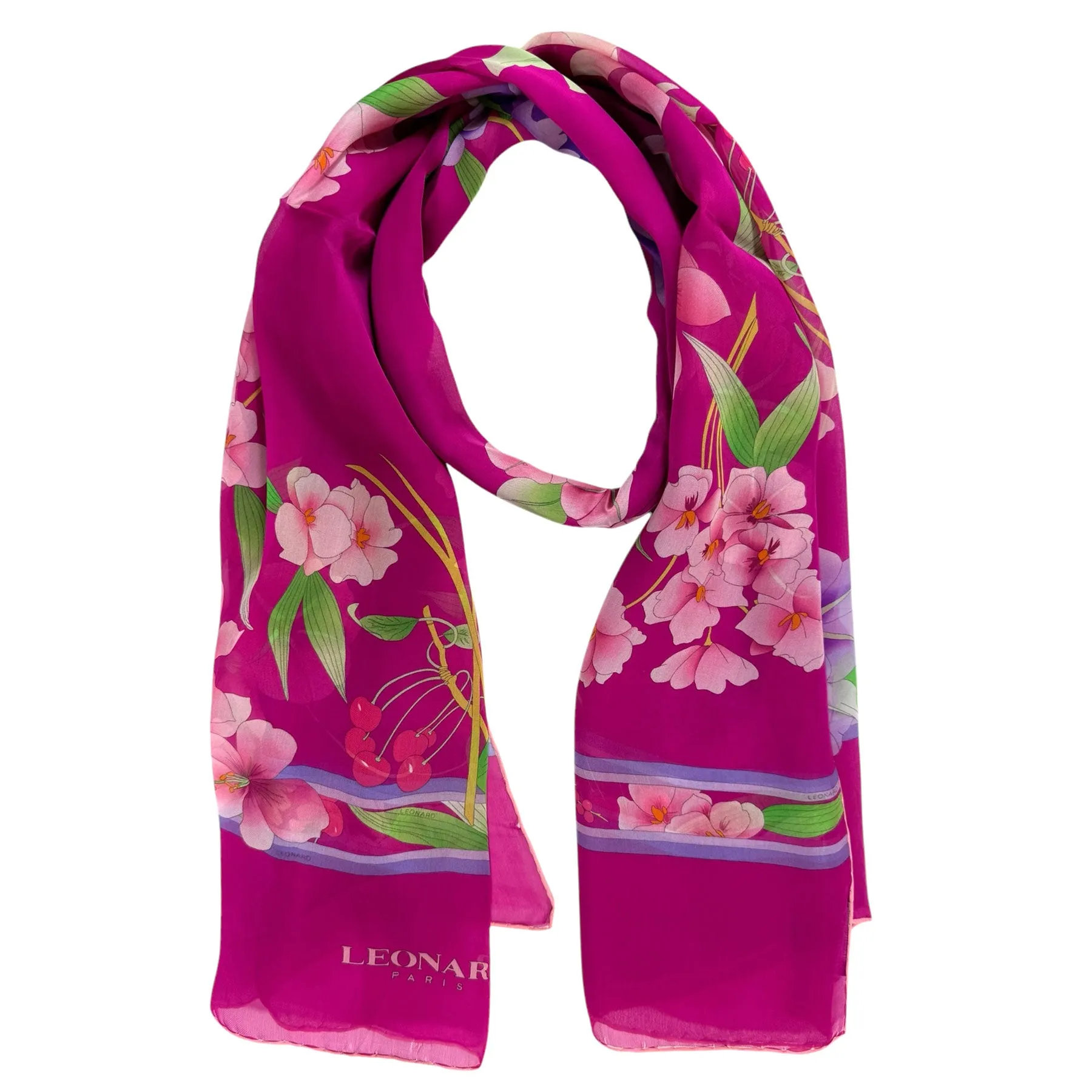 Leonard Paris Scarf Magenta Floral - Chiffon Silk Shawl