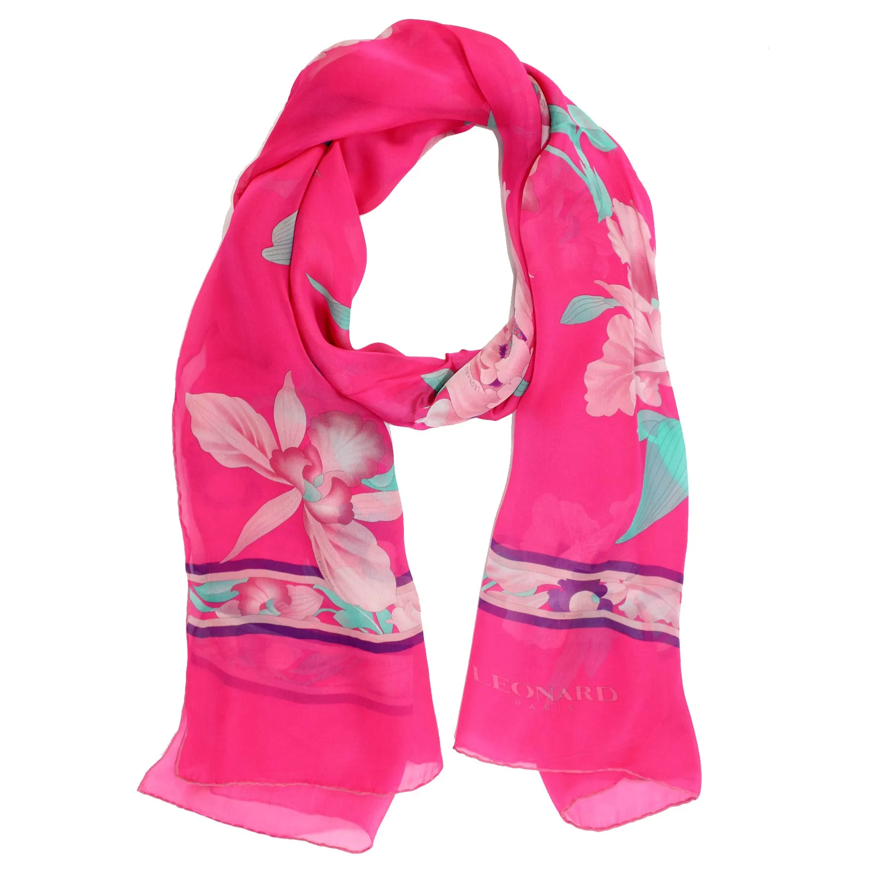 Leonard Paris Scarf Pink Aqua Floral Design - Chiffon Silk Shawl